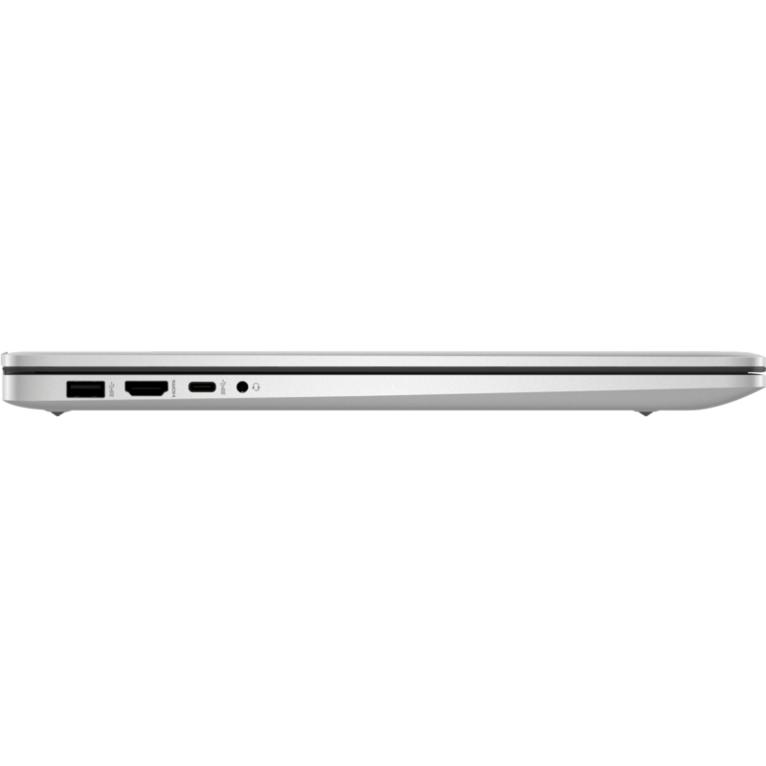 Zijaanzicht van een zilveren laptop met zichtbare poorten, zwarte achtergrond.
