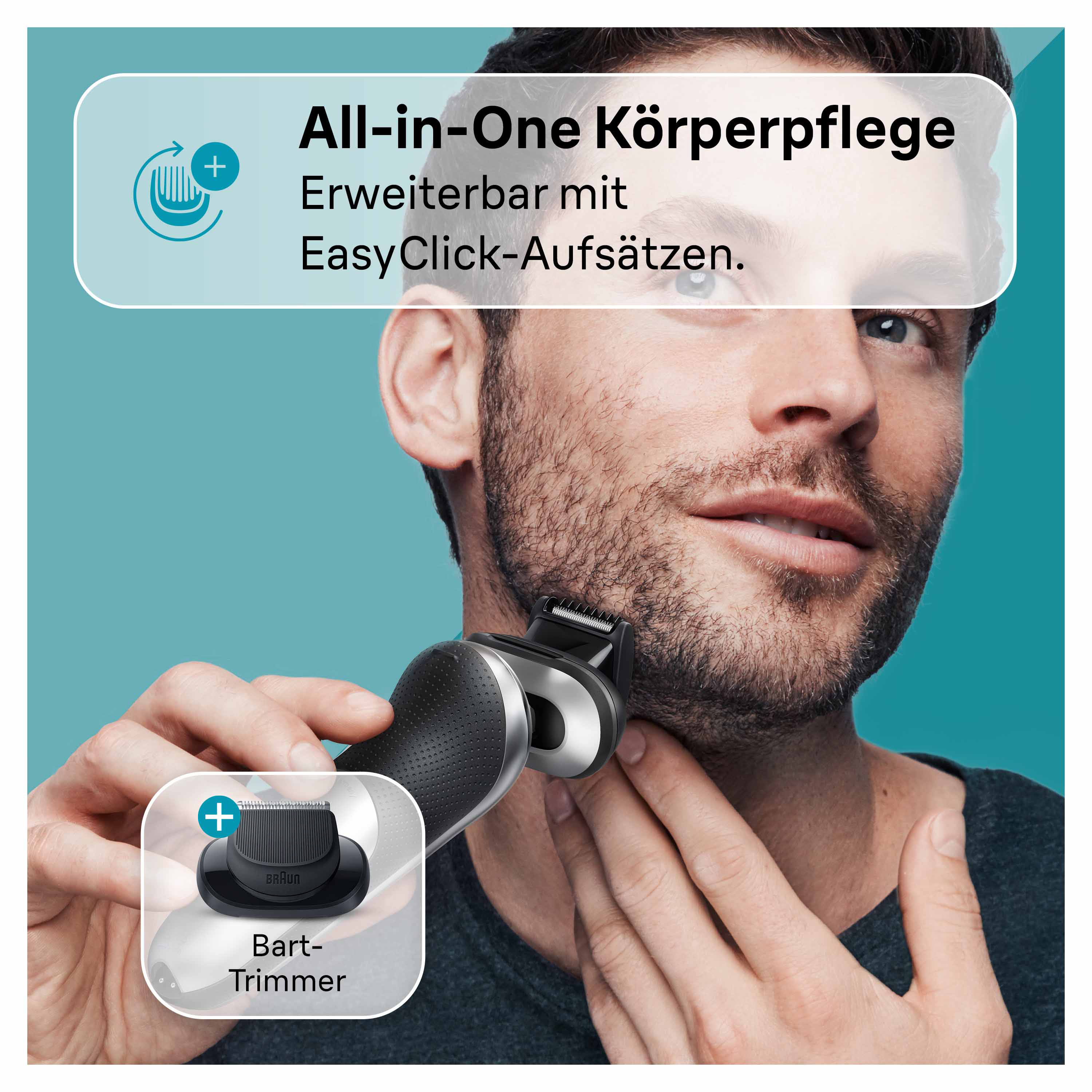 Mann rasiert seine Wange mit einem Braun-Rasierer. Text: 'All-in-One Körperpflege'.