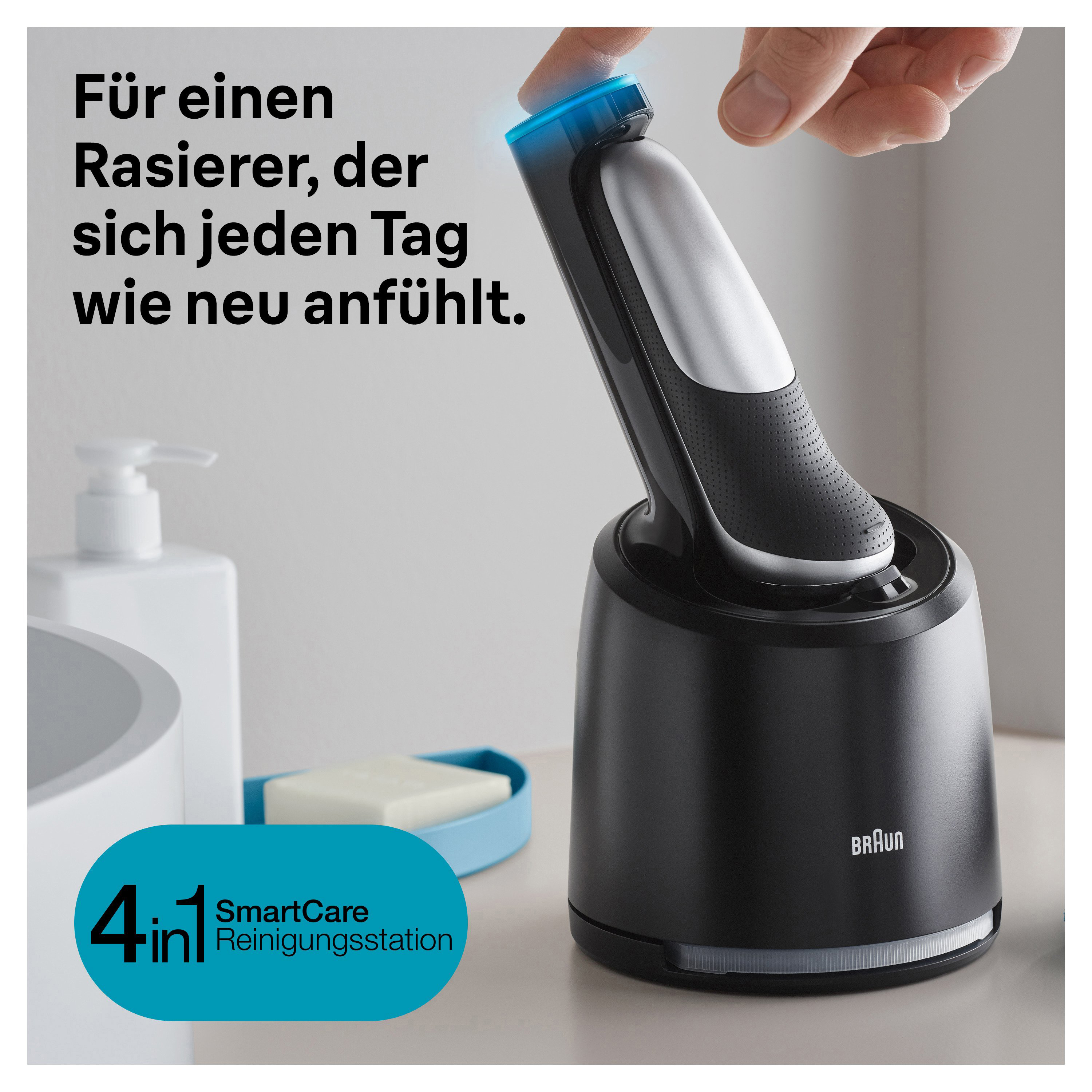 Ein schwarzer Braun Series 9 Pro Rasierer in einer Ladestation, mit Text.
