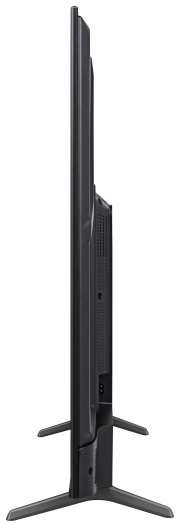 Widok z boku czarnego telewizora na stojaku na białym tle.