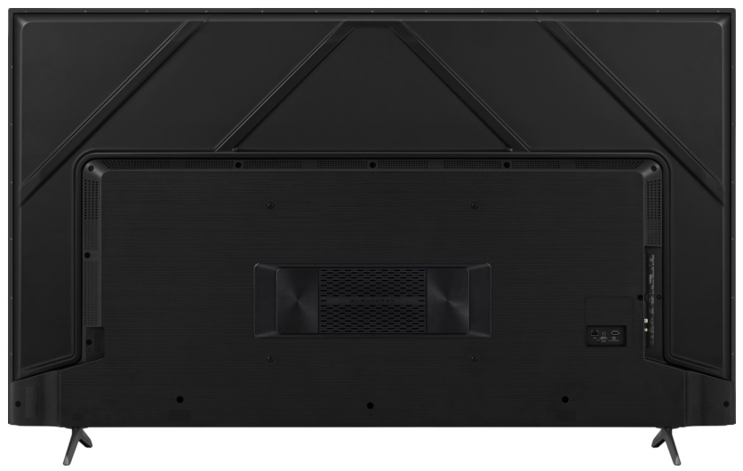 Tył czarnego telewizora z różnymi portami i podstawą.
