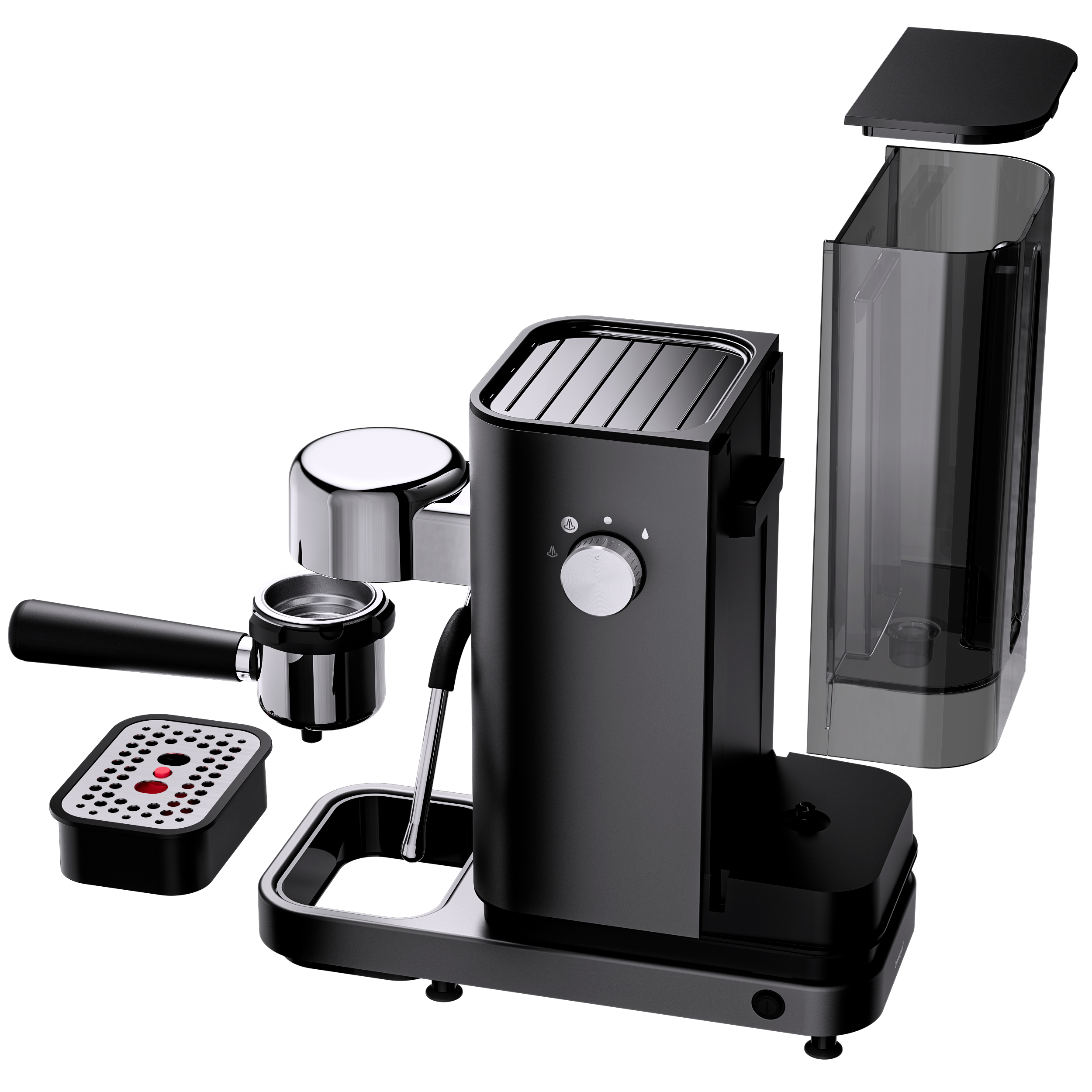 Schwarze Espressomaschine zerlegt. Teile umfassen Wassertank, Siebträger und Tropfschale.