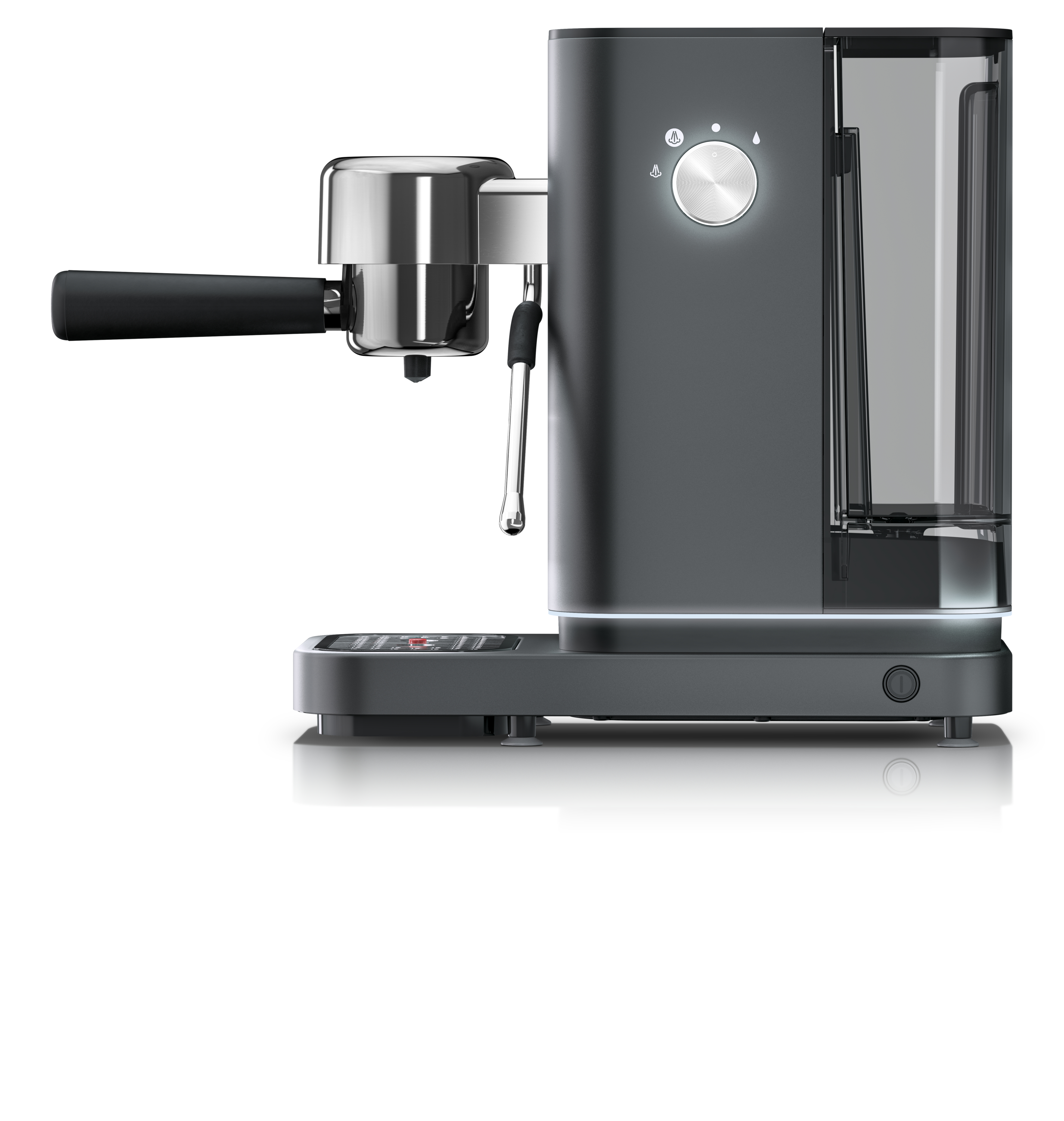 Dunkelgraue Espressomaschine. Silberdetails und schwarzer Siebträger.
