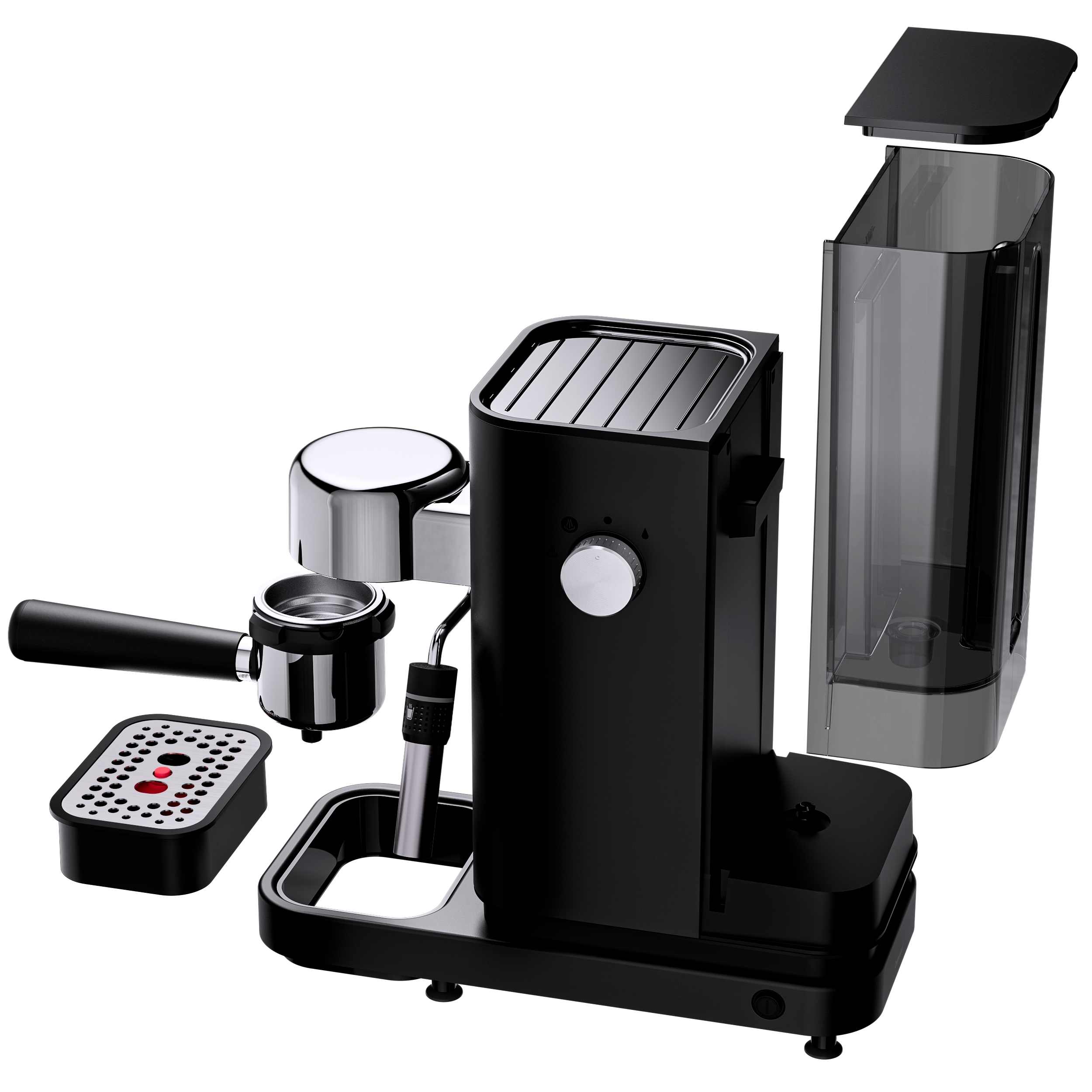 Schwarze Espressomaschine zerlegt. Komponenten sind Hauptteil, Wassertank und Siebträger.