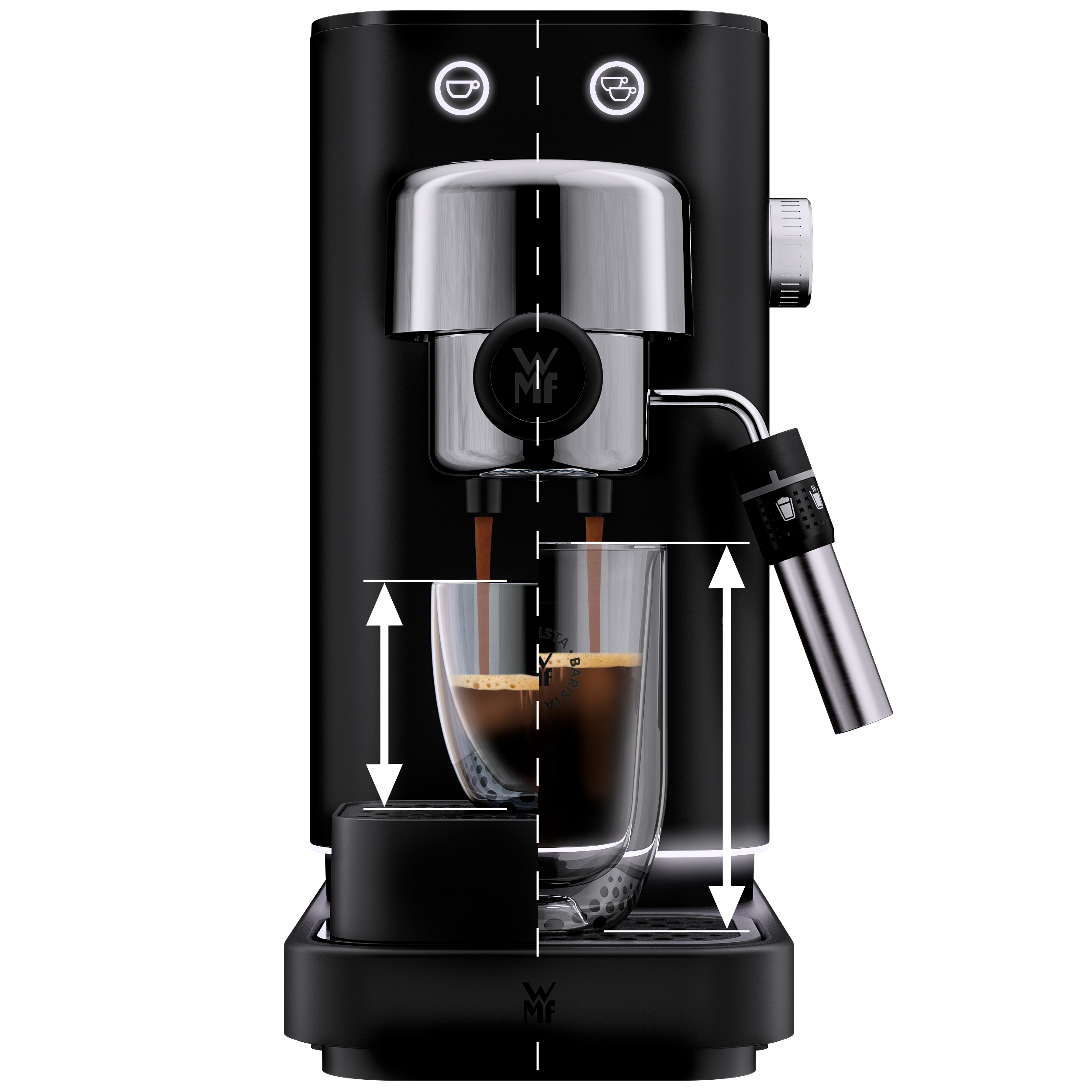 Schwarze Espressomaschine mit zwei Tassen. Kaffee fließt in Gläser. Weiße Pfeile zeigen die Höhe.