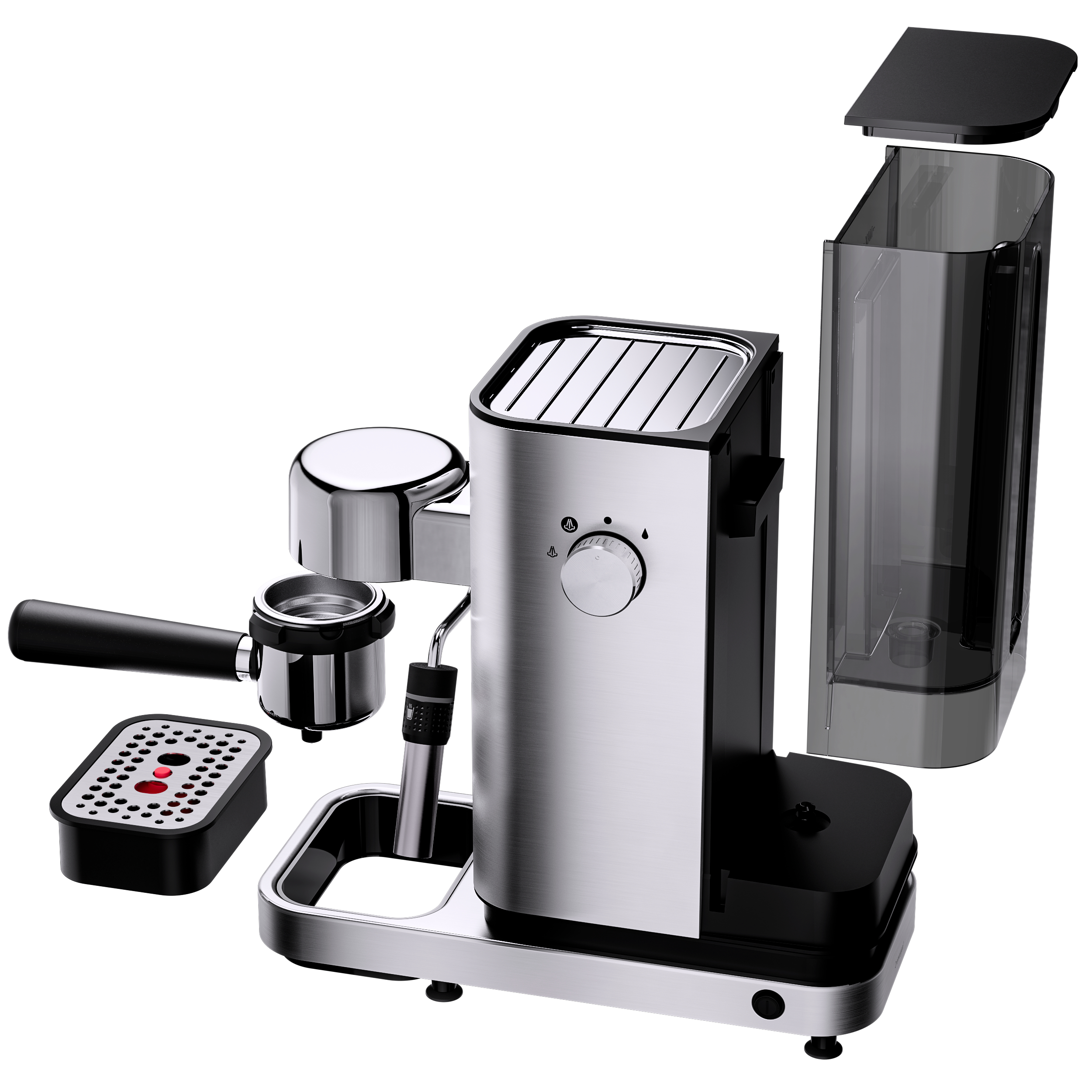 Espressomaschinenteile auf Weiß. Enthält einen Siebträger und einen Wassertank.