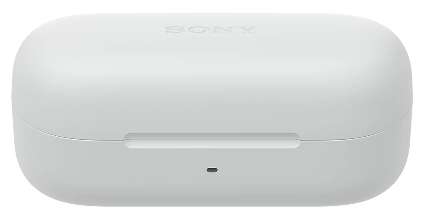 Fehér Sony fülhallgató tok. Zárt, Sony logóval és töltésjelzővel.