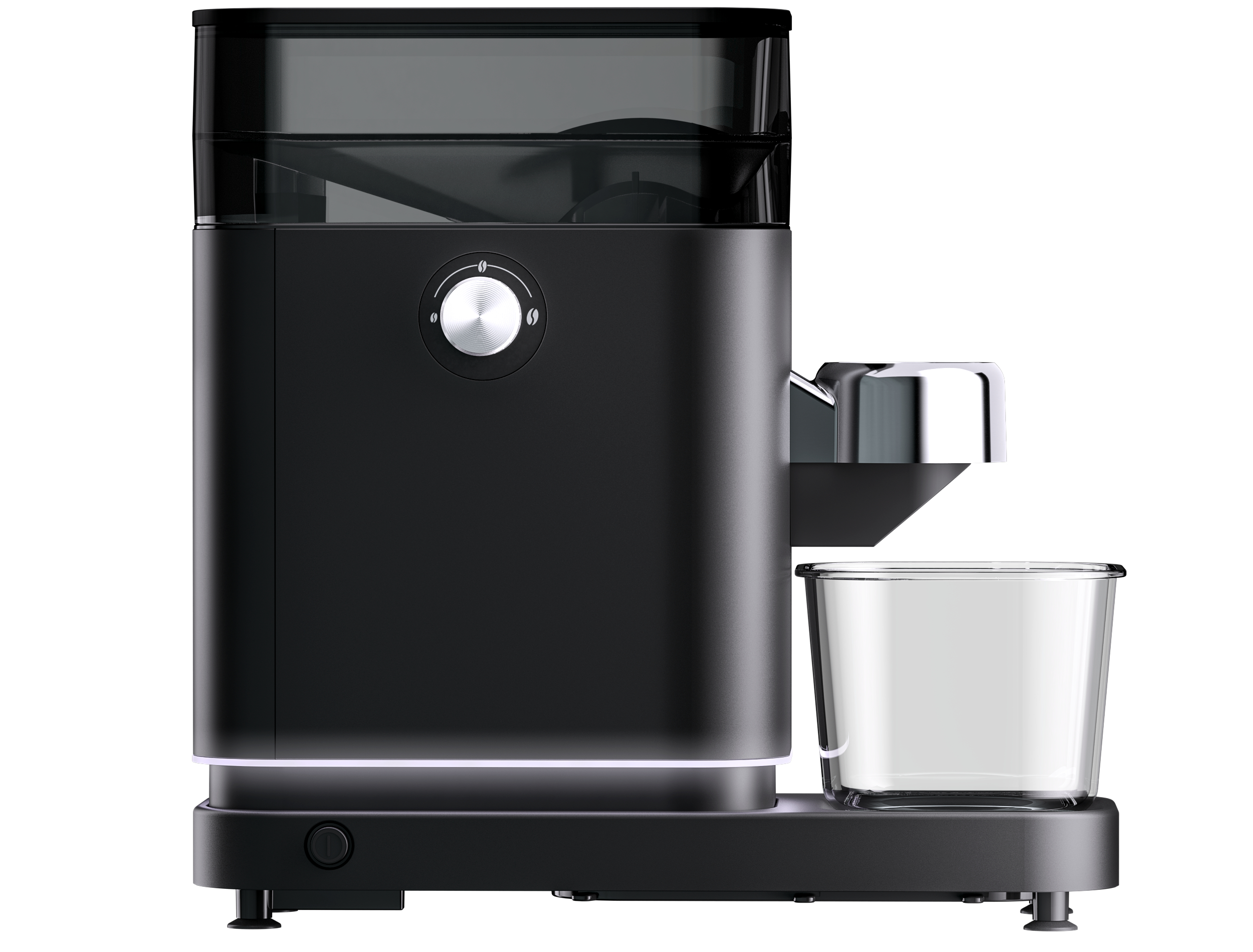 Eine schwarze Kaffeemühle mit einem transparenten Behälter für das Kaffeepulver.