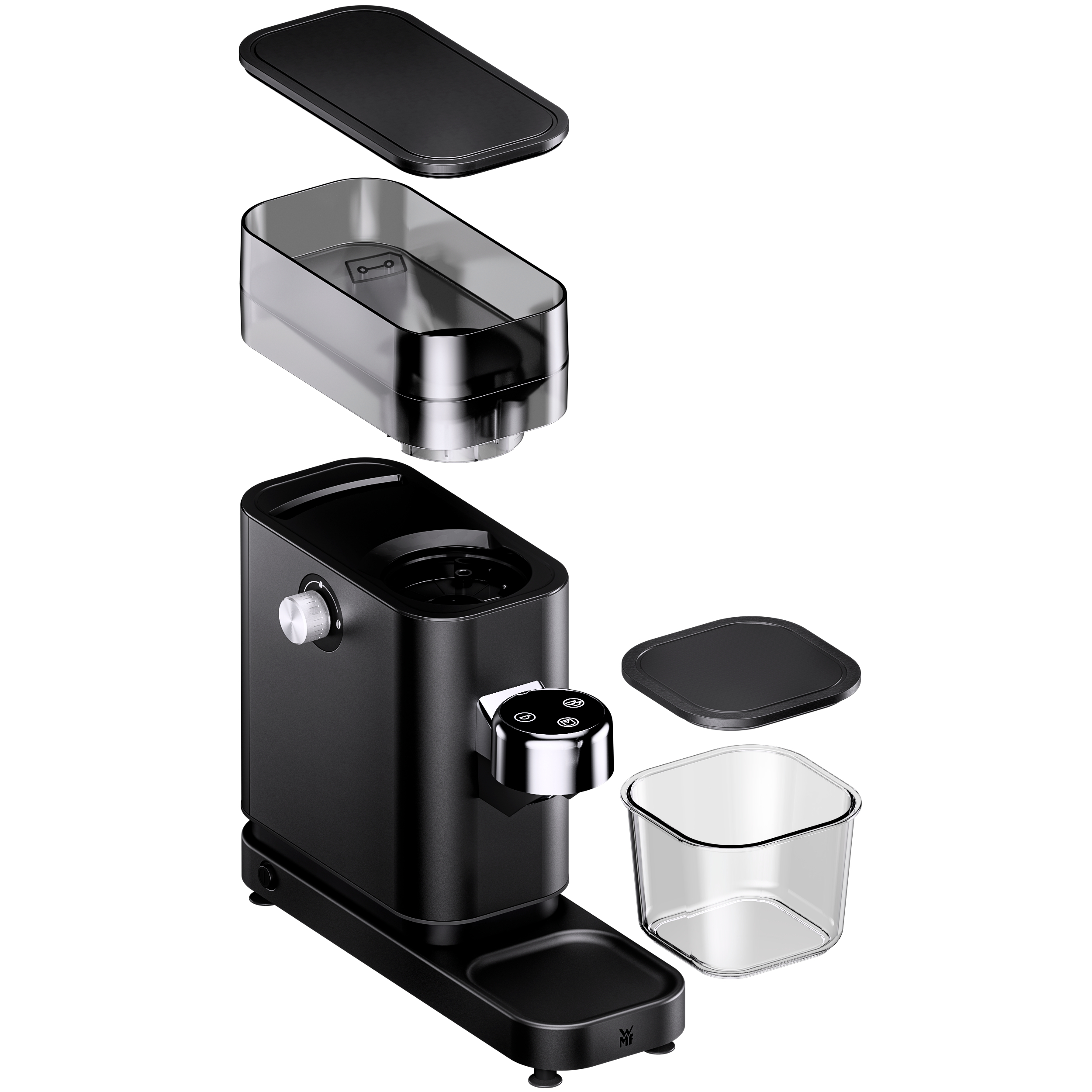 Zerlegte schwarze Kaffeemaschinenkomponenten. Teile umfassen eine Tasse, einen Deckel und einen Behälter.