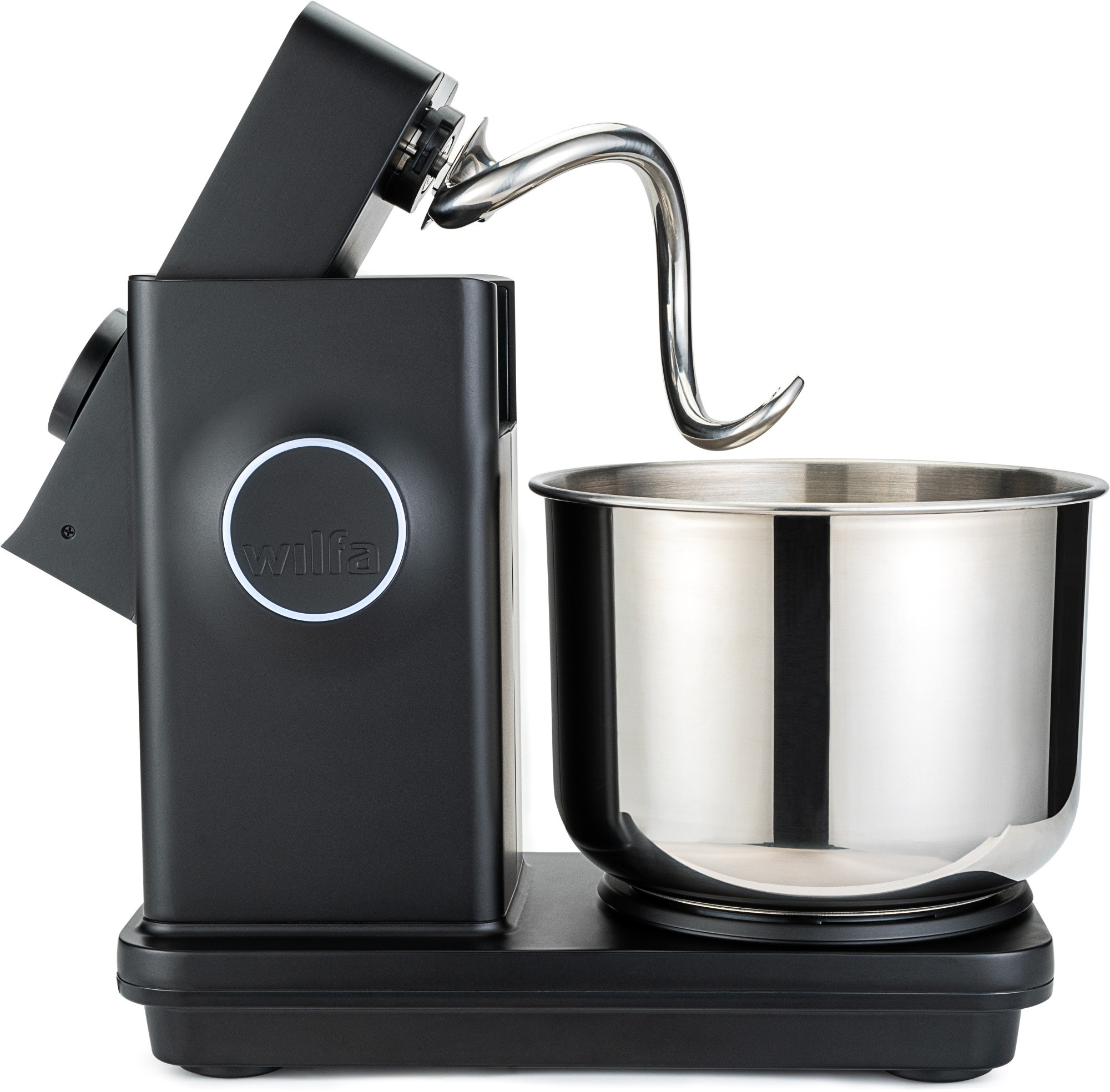 Schwarzer Wilfa Küchenmixer mit Edelstahl-Schüssel und Knethaken.