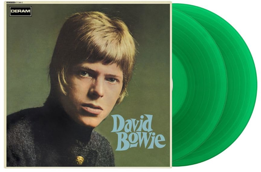 David Bowie album borító, fiatalember szőke hajjal és zöld bakelit lemezekkel.
