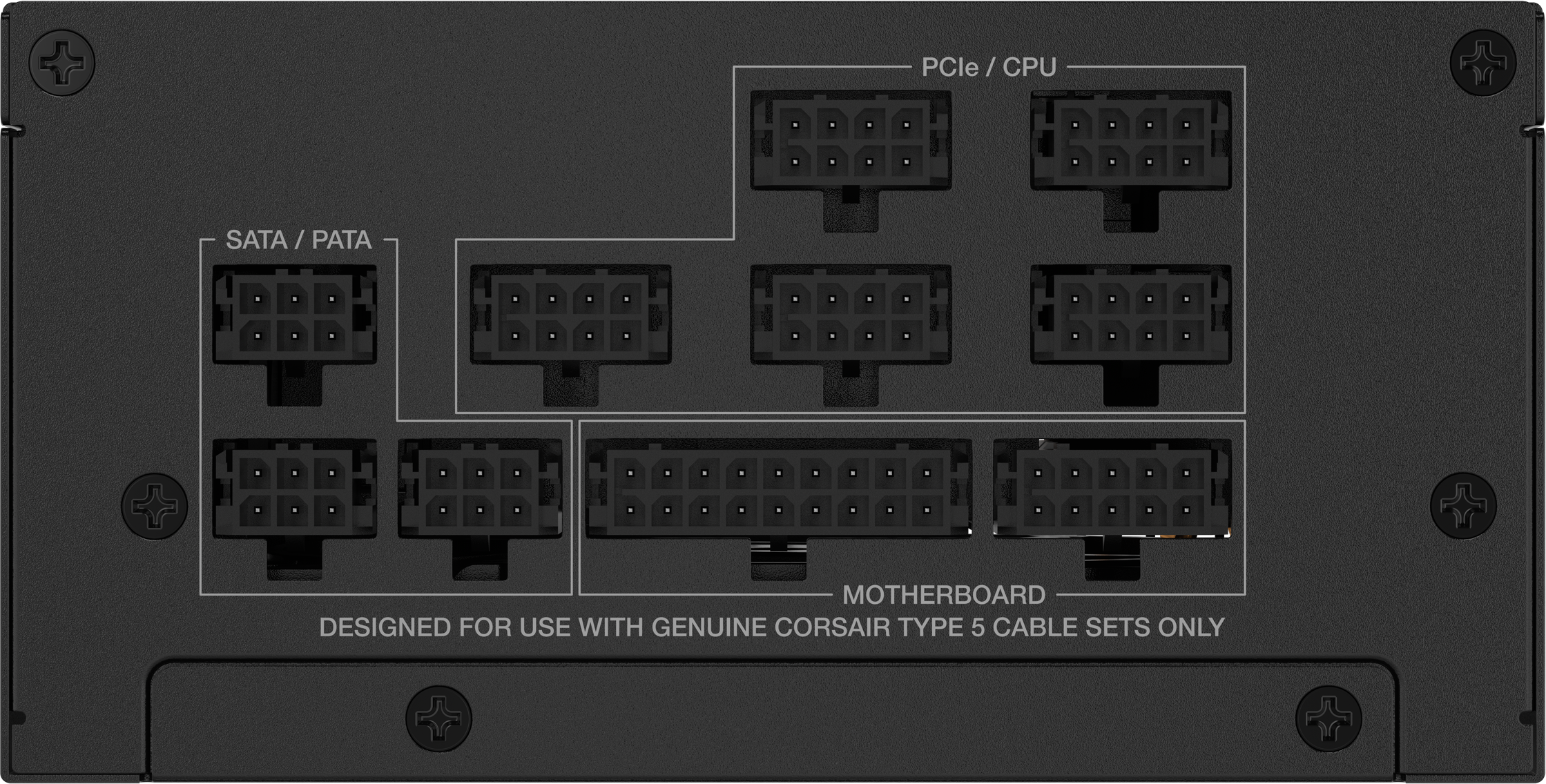 Connecteurs d'alimentation d'ordinateur noirs. Étiquetés SATA/PATA, PCIe/CPU et carte mère.
