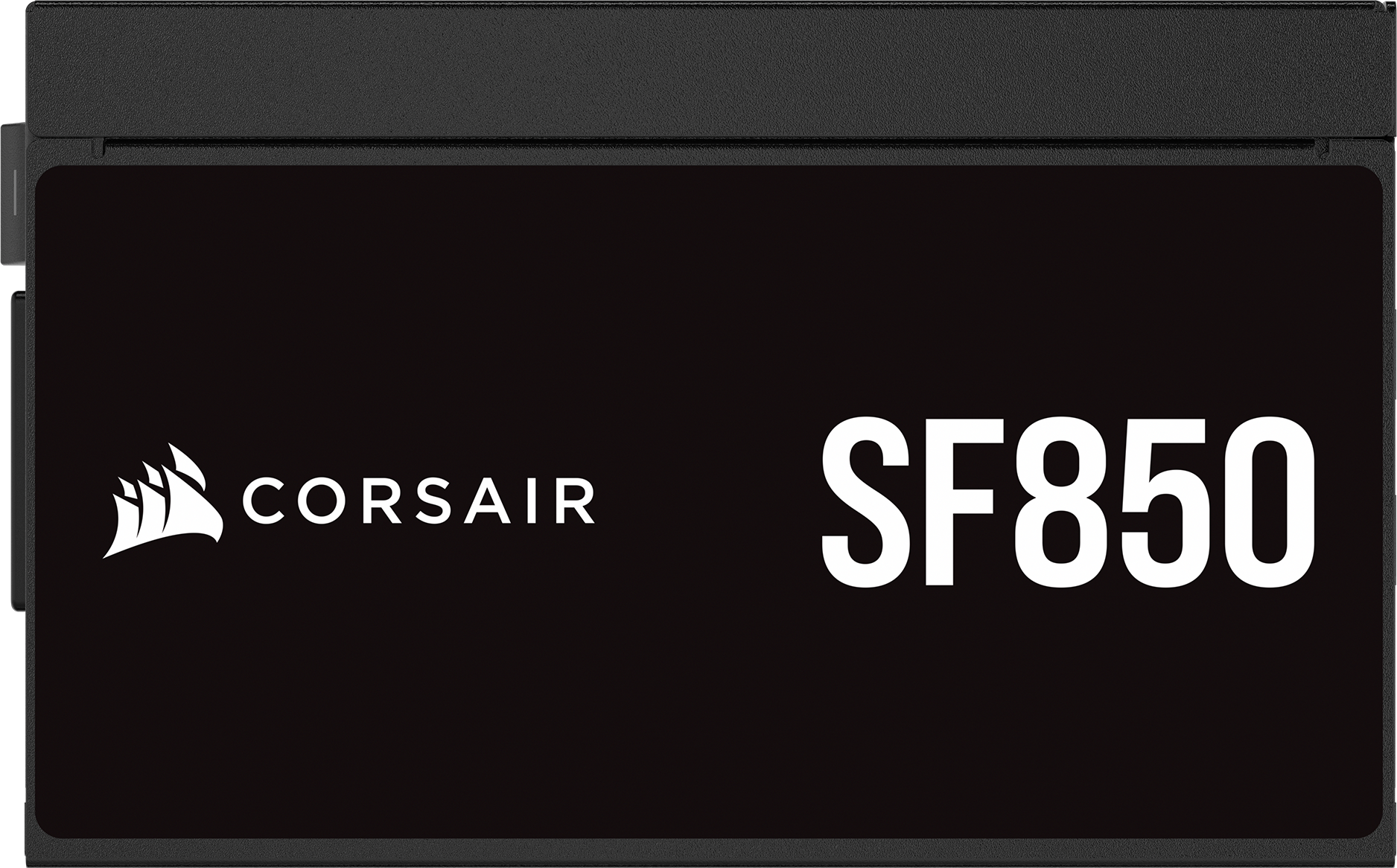 Bloc d'alimentation Corsair SF850 noir, avec texte et logo blancs sur fond noir.