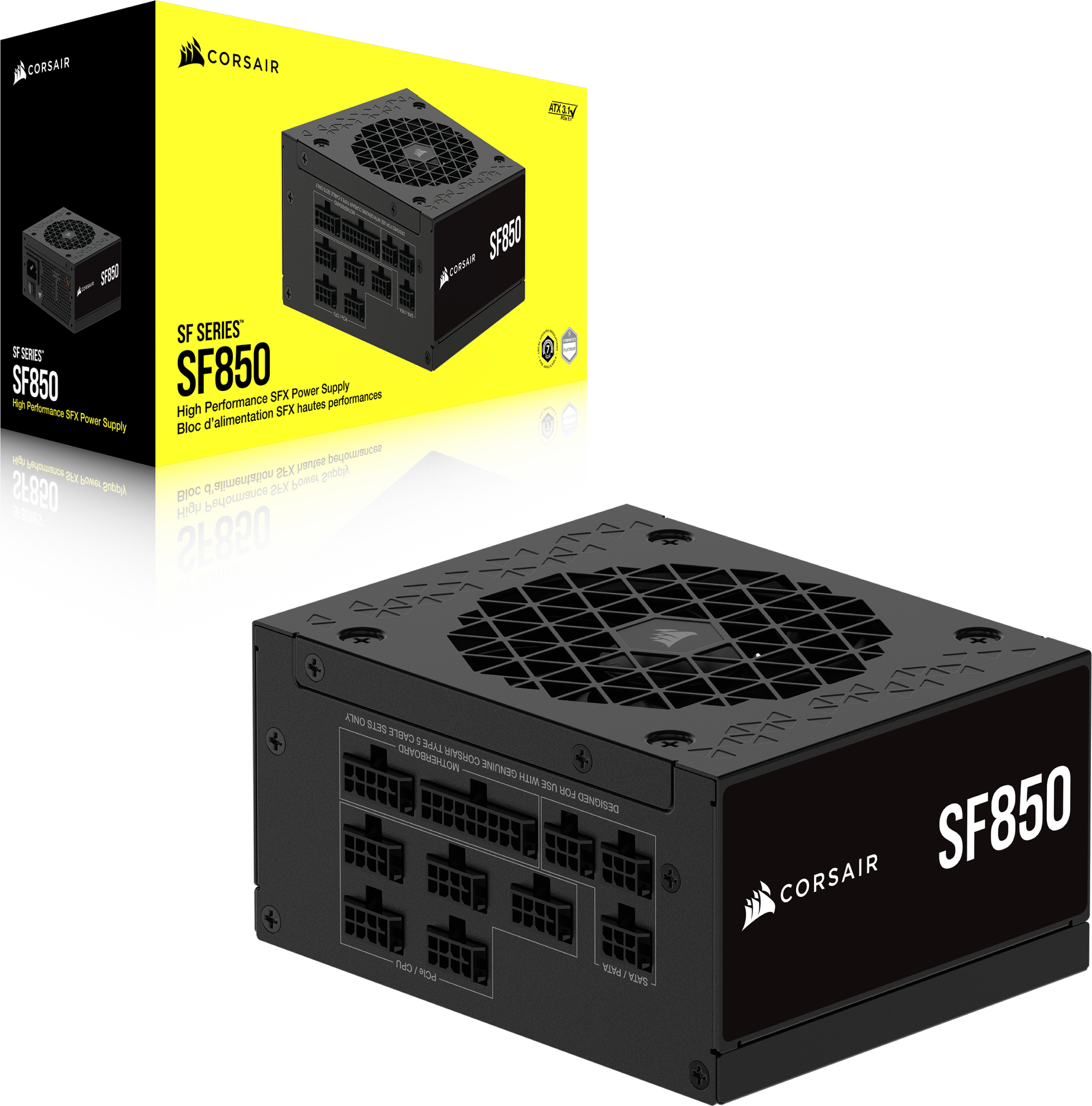 Une alimentation SF850 noire avec sa boîte, présentant le produit.