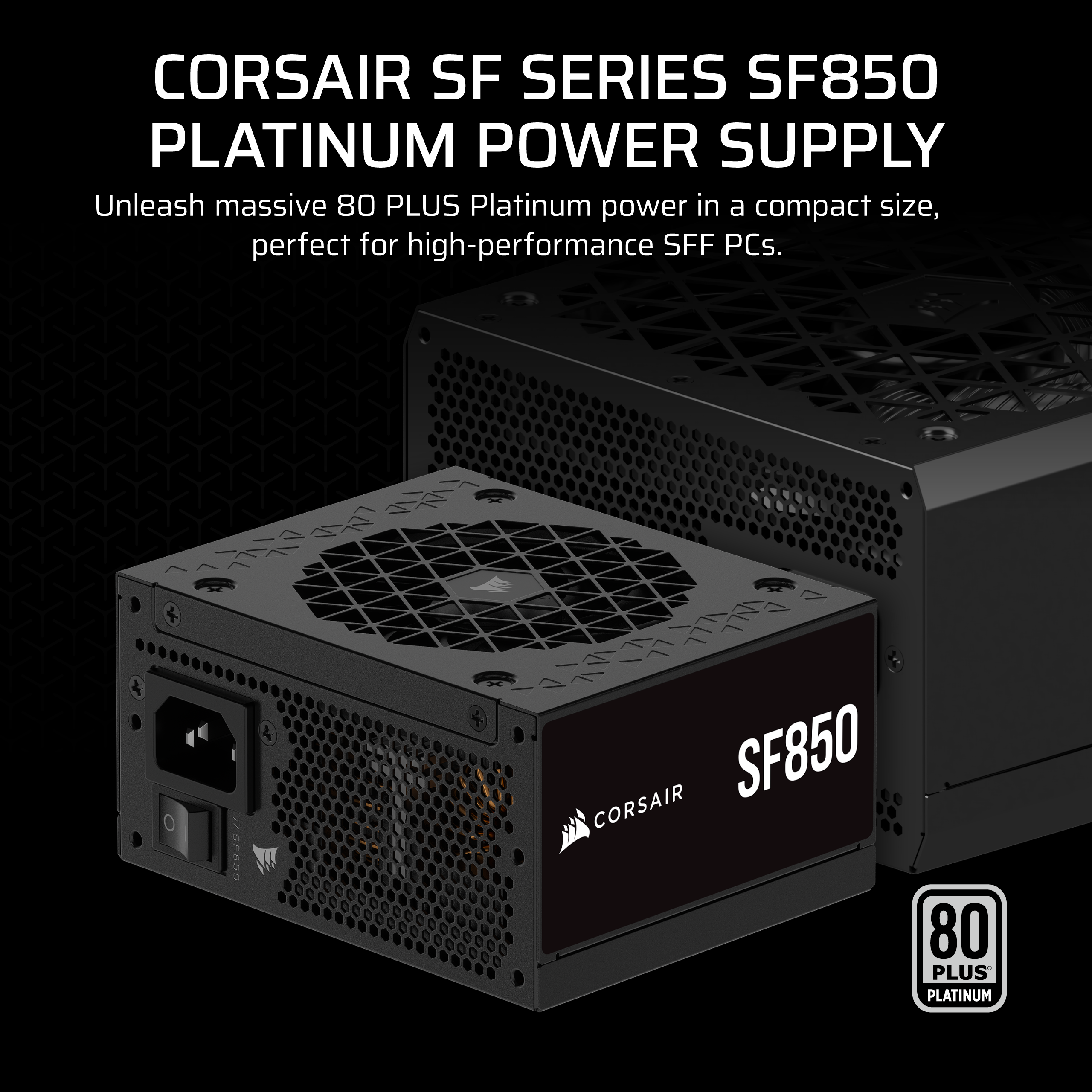 Deux alimentations noires, une étiquetée Corsair SF850, avec du texte marketing et un logo.