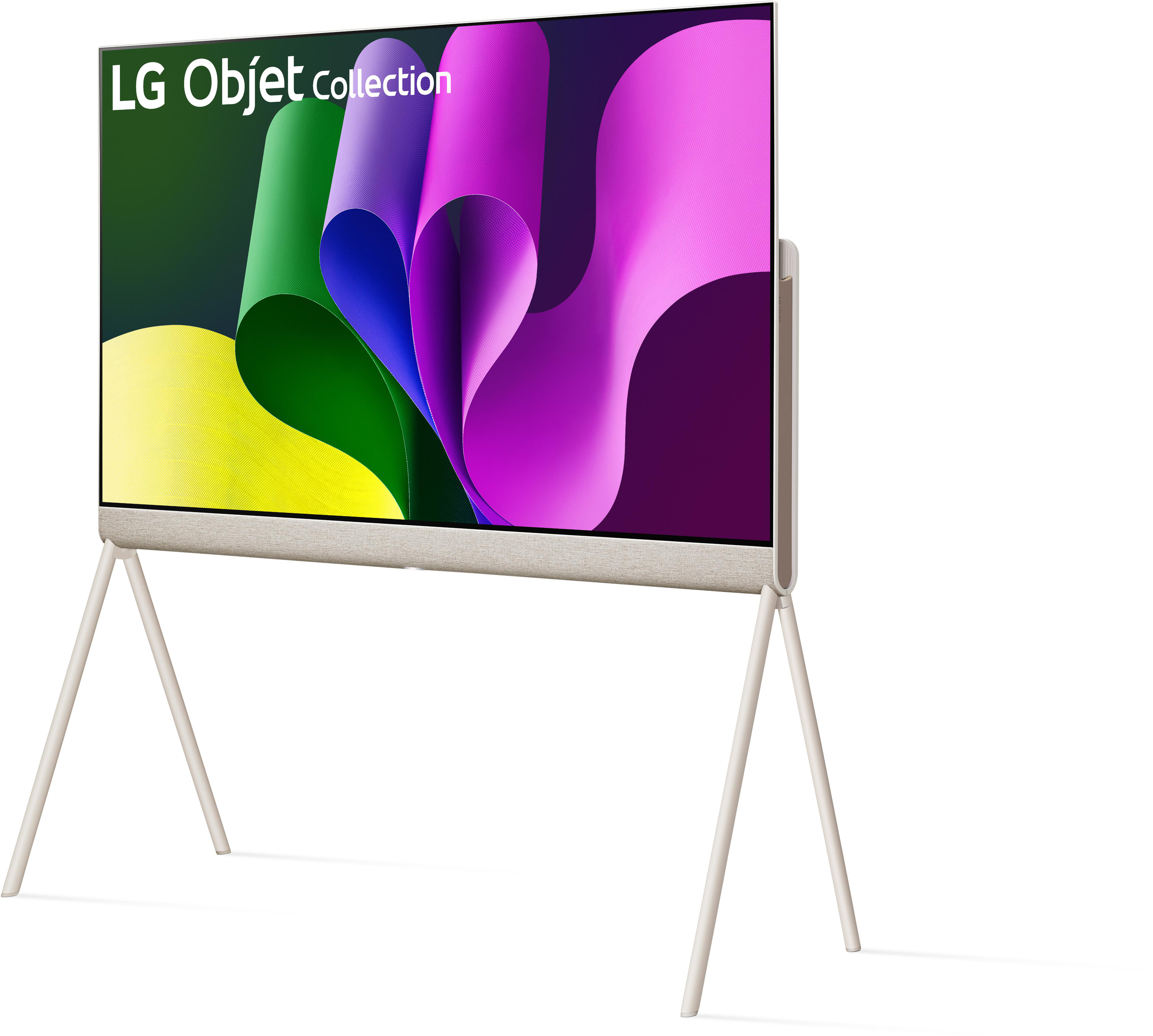 LG Objet Fernseher auf einem Ständer, mit einem Bildschirm, der bunte abstrakte Kunst zeigt.