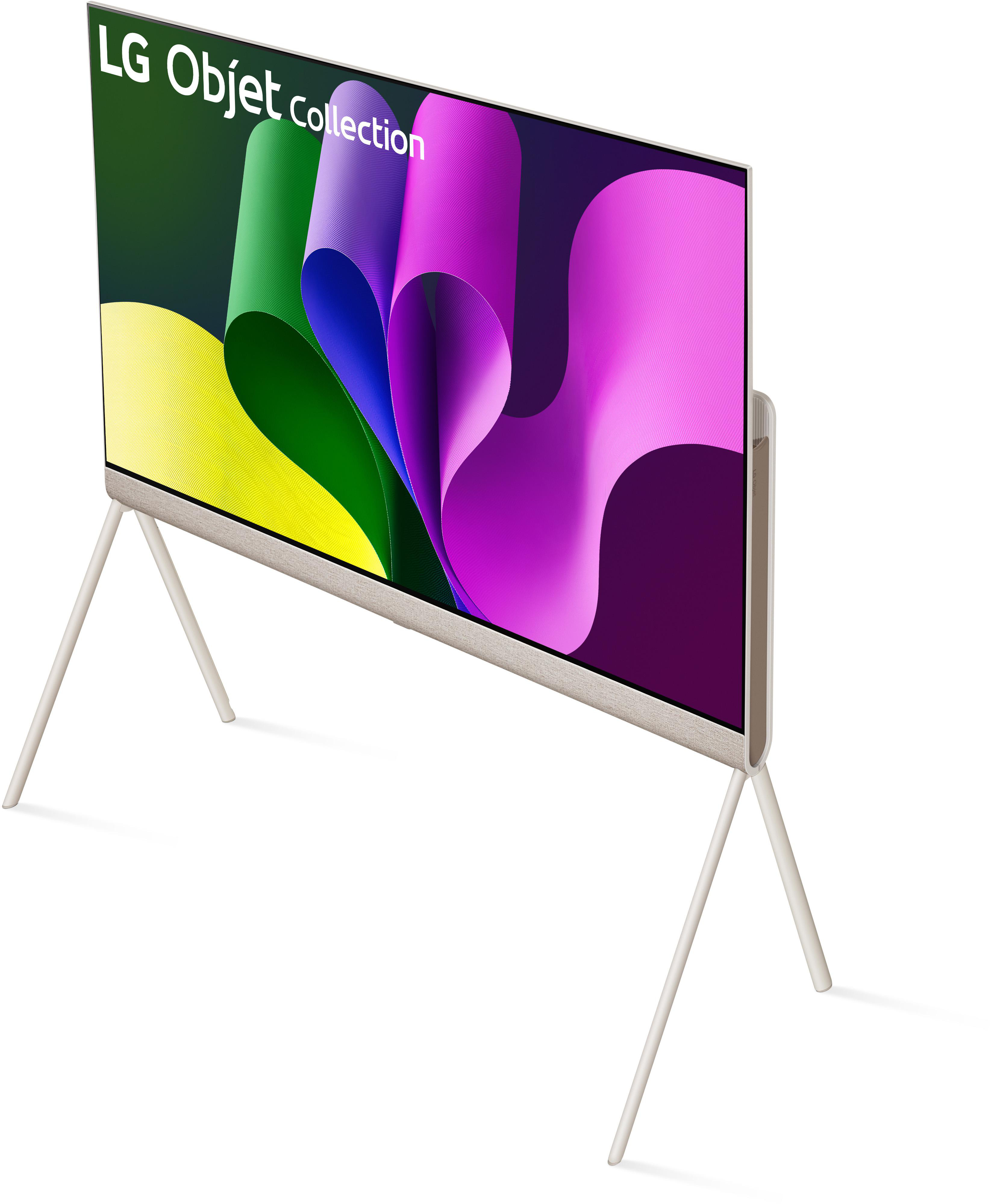 Weißer LG Objet Collection TV, schräge Ansicht. Minimalistisches Design. Bunter abstrakter HG.
