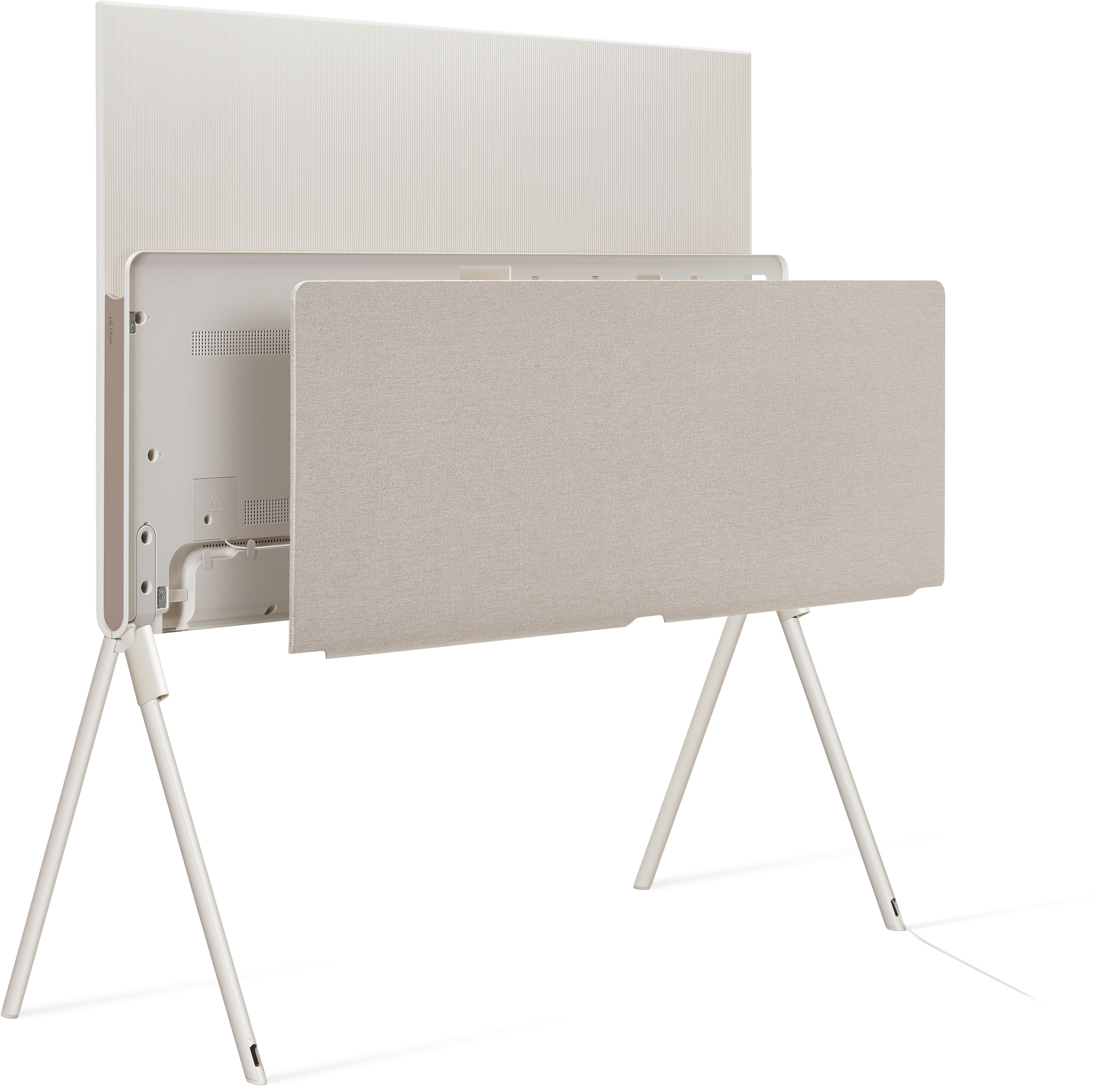 Ein weißer Fernseher mit Stoffrückwand und zwei weißen Beinen, vor weißem Hintergrund.