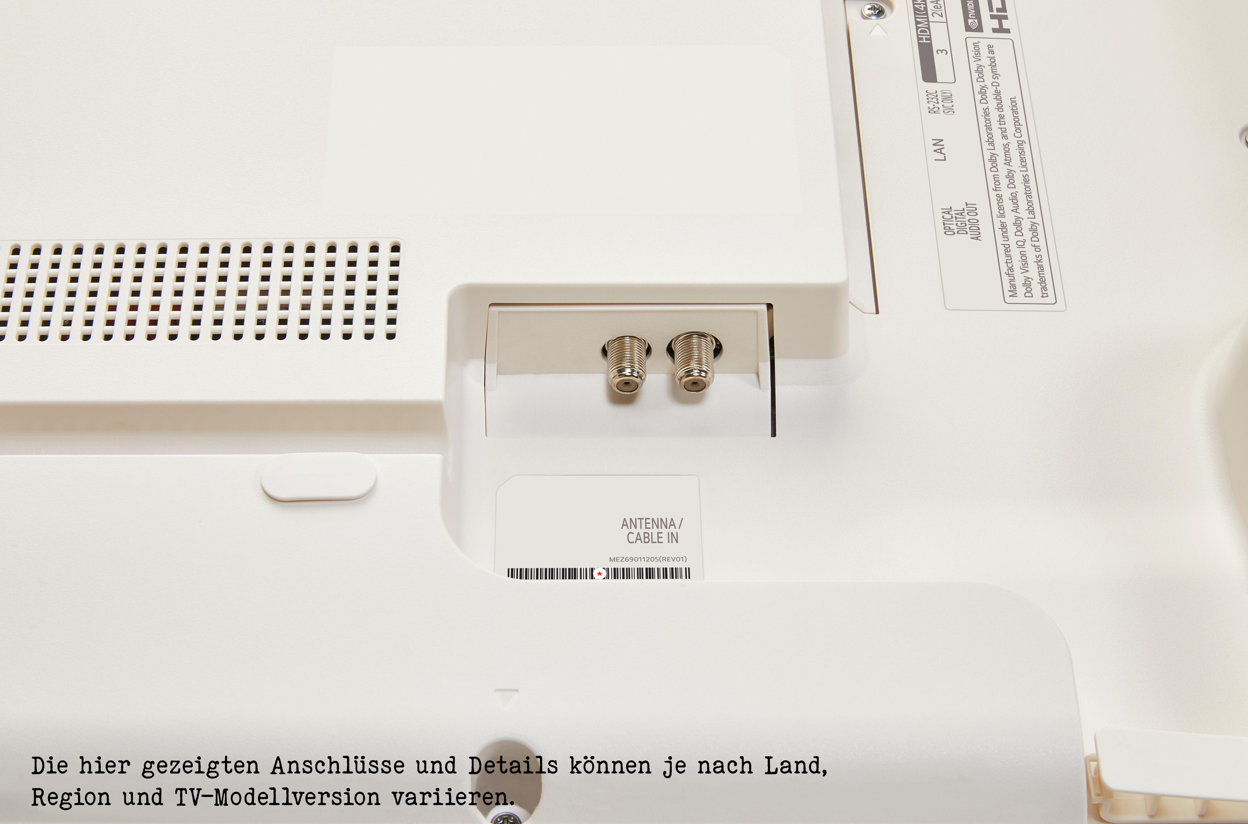 Nahaufnahme der Rückseite eines weißen Fernsehers mit Antennen-/Kabeleingangsanschlüssen.