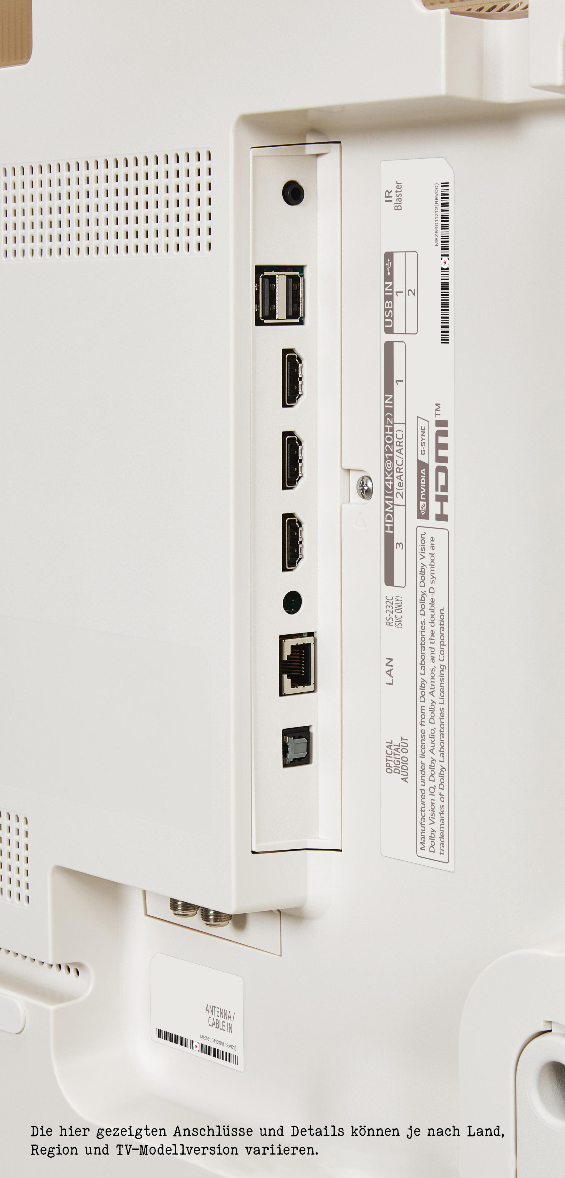Rückseite eines weißen Fernsehers mit verschiedenen Anschlüssen. HDMI, USB und Audio.