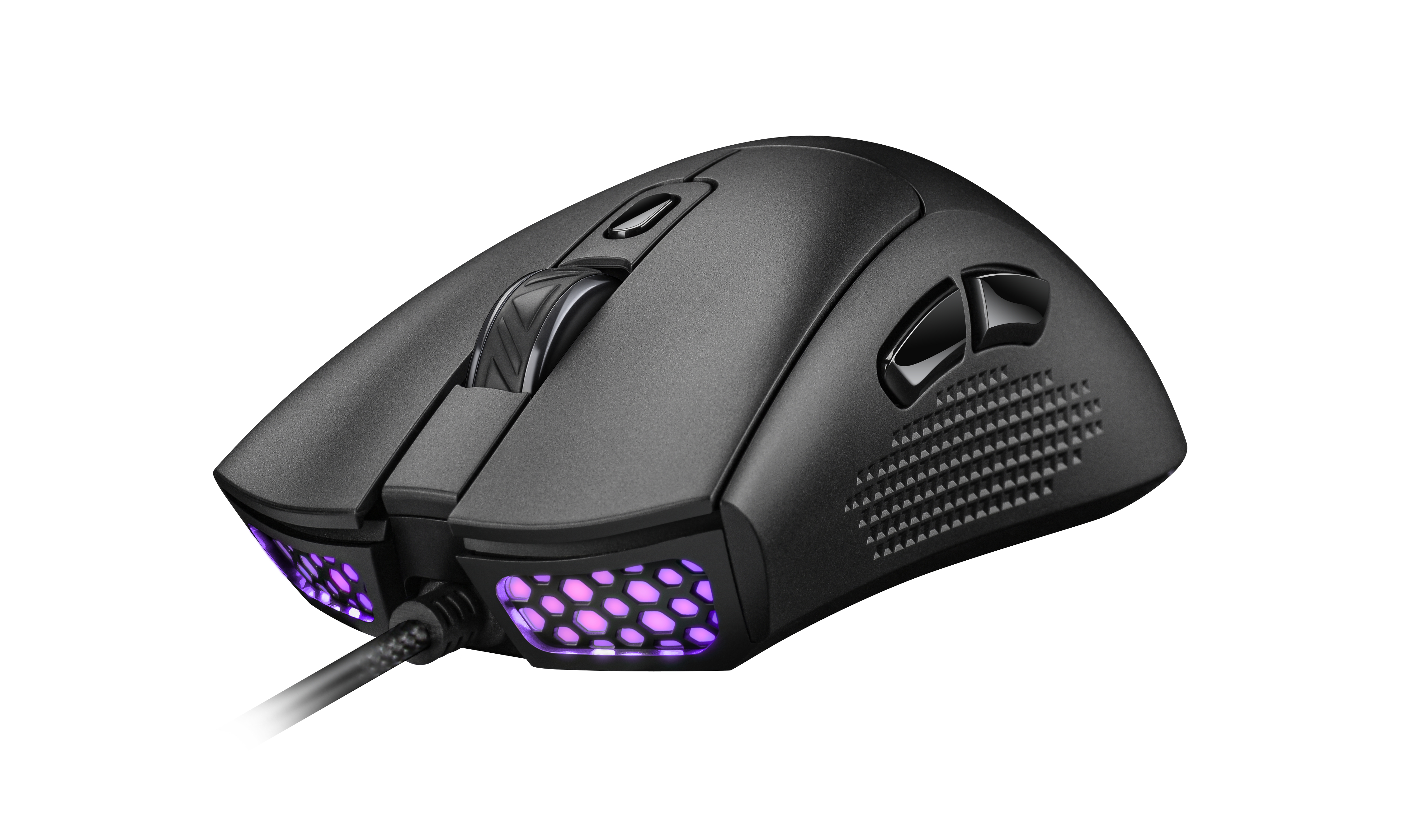 Eine schwarze Gaming-Maus mit lila Lichtern.