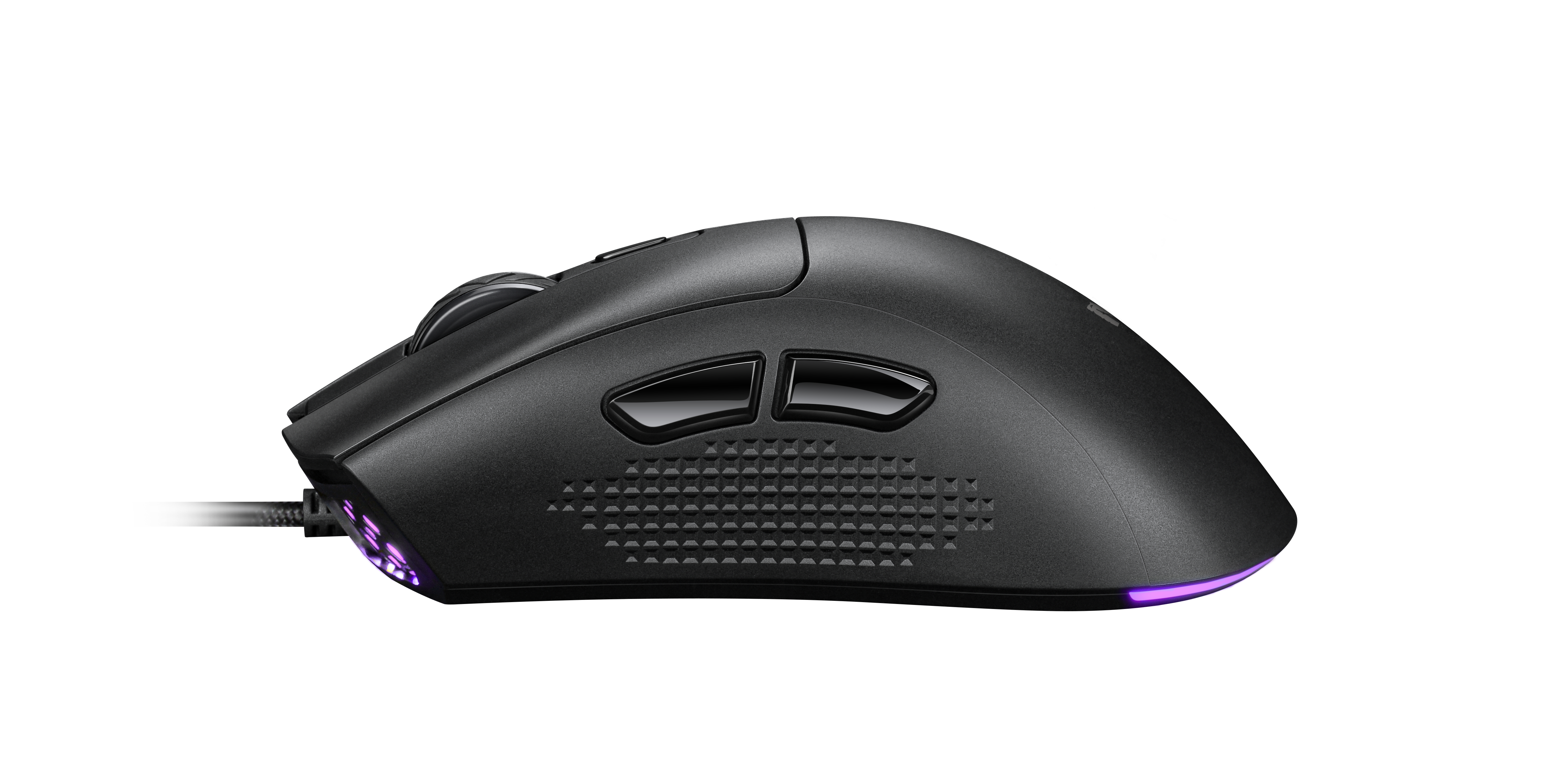 Eine schwarze Gaming-Maus mit Seitentasten. Sie hat ein lilafarbenes Licht. Von oben gesehen.