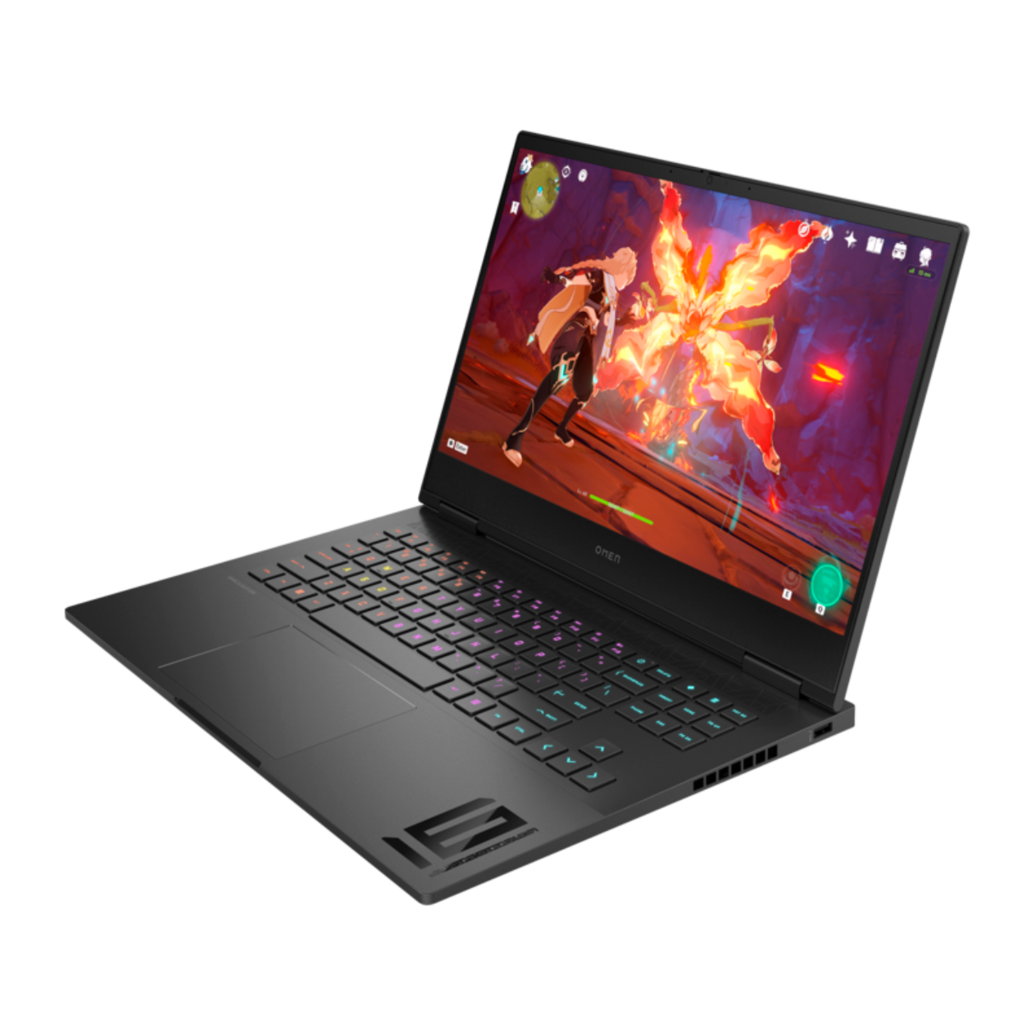 Black laptop with a game displayed on the screen. The keyboard is illuminated.