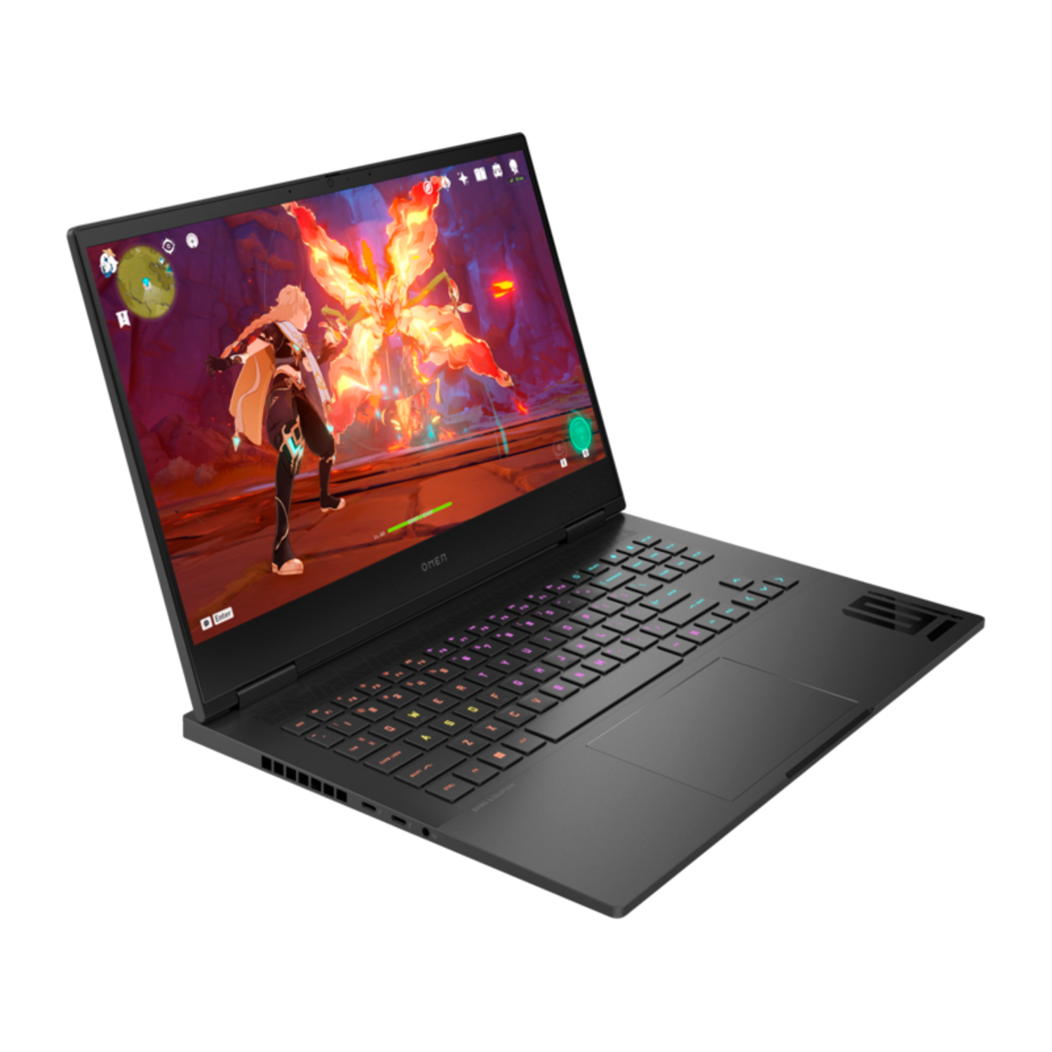 Black gaming laptop with a game displayed on the screen.