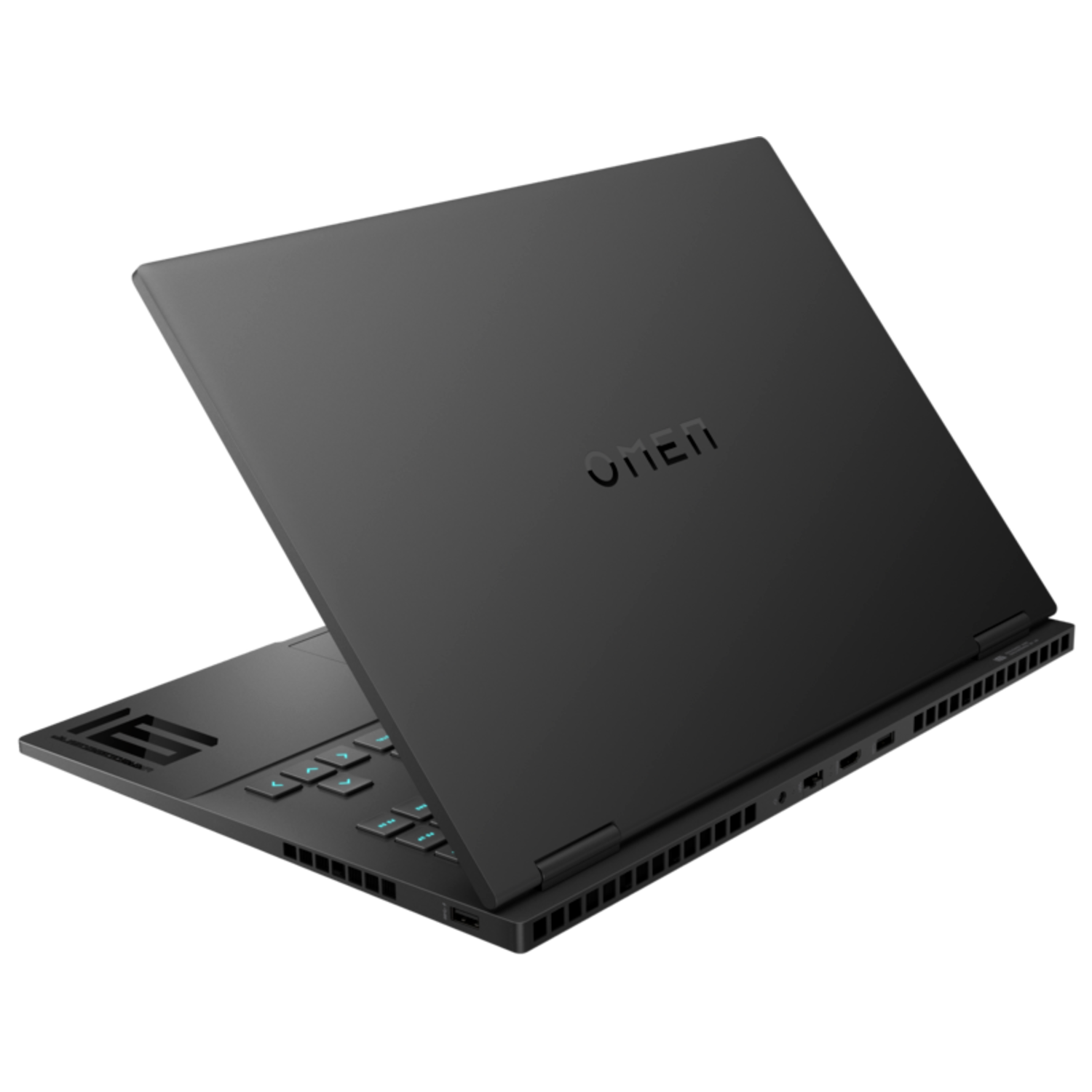 Black OMEN laptop, slightly open, showing keyboard and screen. Backlit keys.
