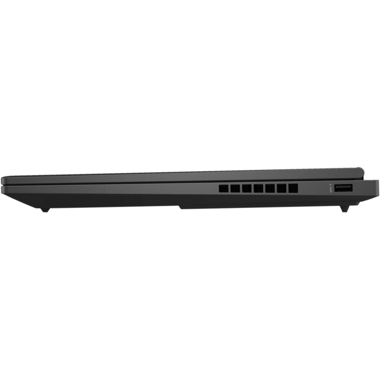 Laptop, side view, black body. Shows the ports on the side. Black background.