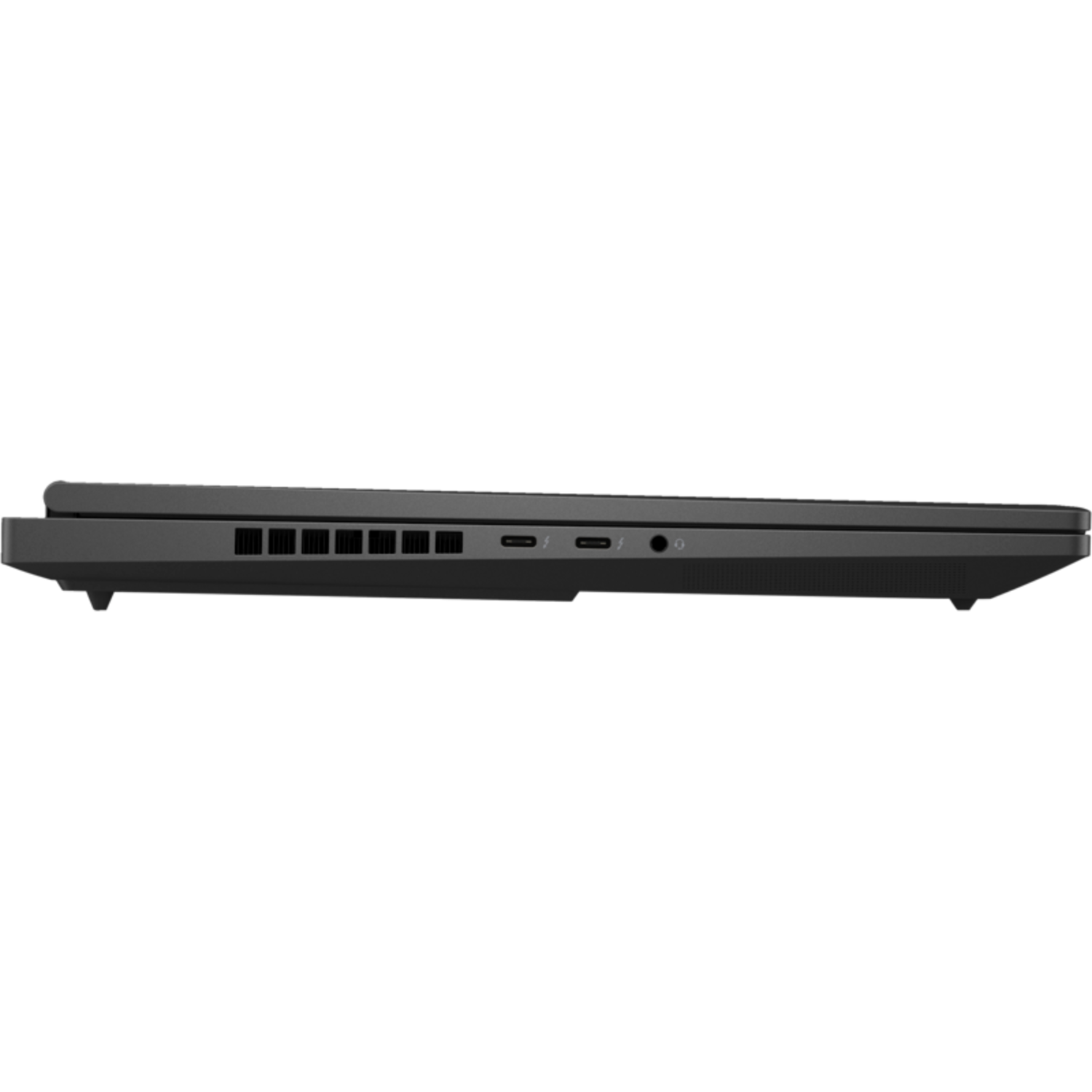 Side view of a dark gray laptop. Showing ports and vents on the side.