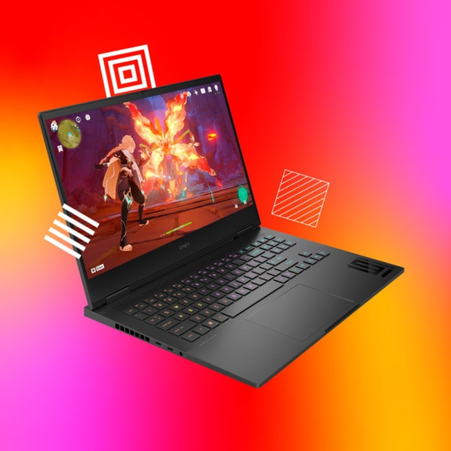 Black gaming laptop angled, displaying a game interface on a vibrant background.
