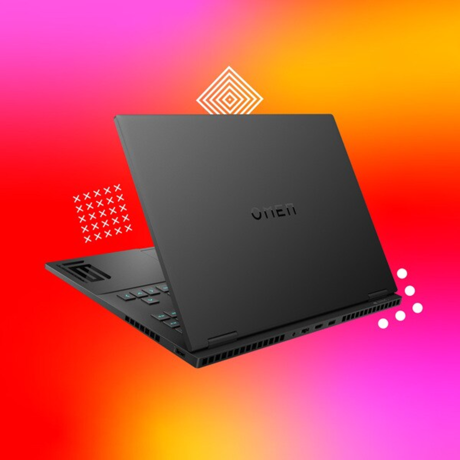 Black laptop on a gradient background. The laptop is open, angled away. The OMEN logo is visible.