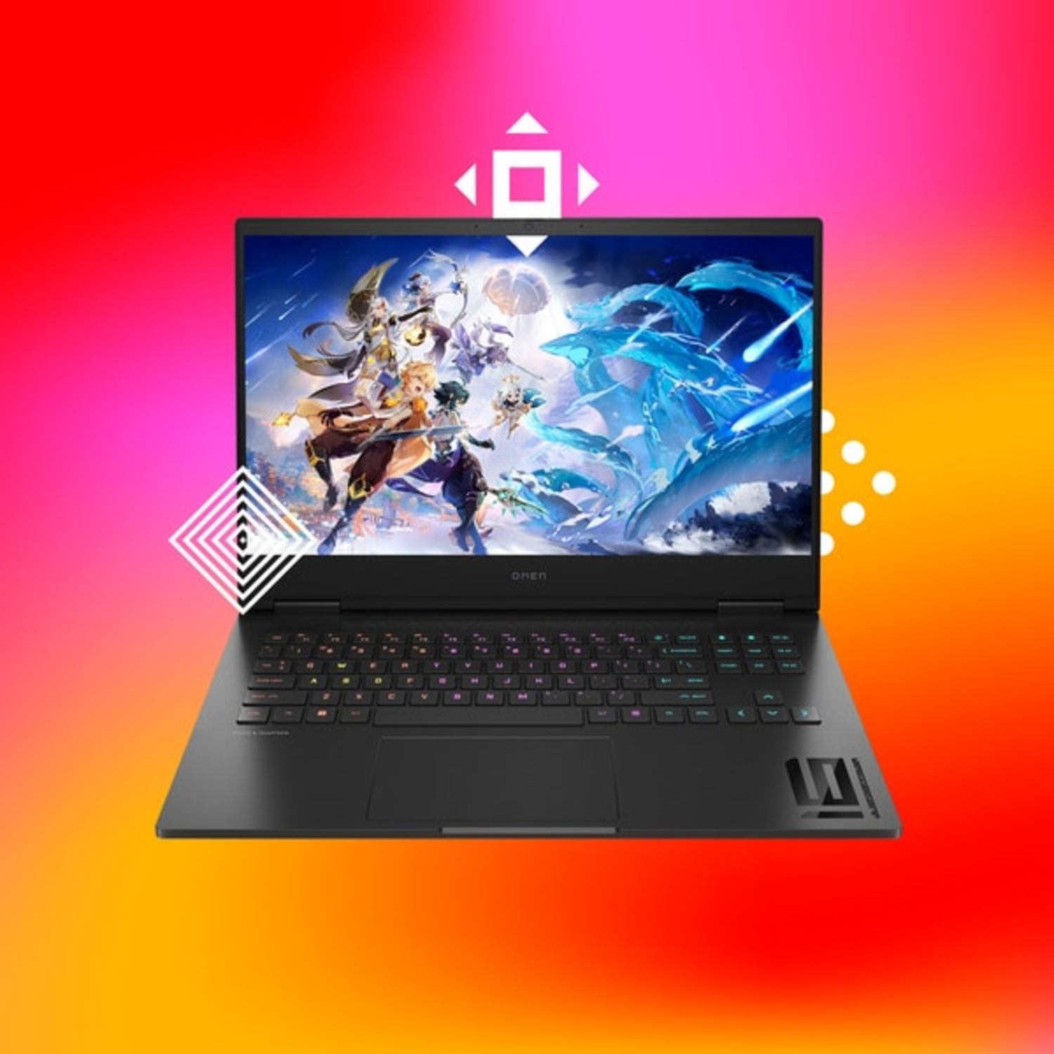 Black laptop open. Display shows video game scene. Vibrant colors, red and orange gradient.