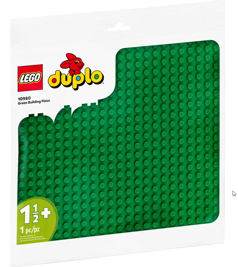 Zielona płyta konstrukcyjna LEGO Duplo w opakowaniu. Zielona powierzchnia, białe tło.