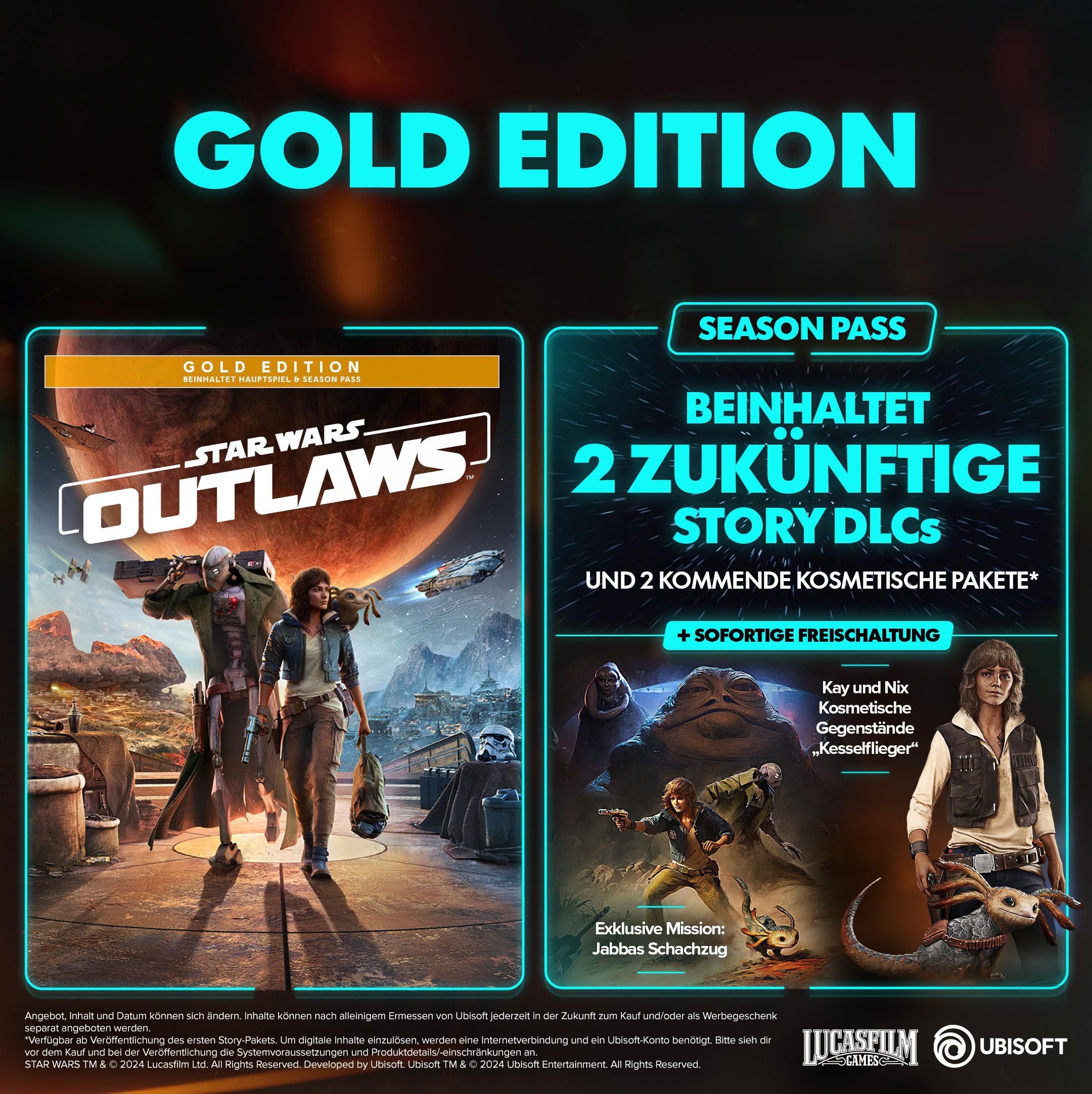 Star Wars Outlaws Gold Edition Box Art. Enthält Charaktere, Schiff und Textüberlagerungen.