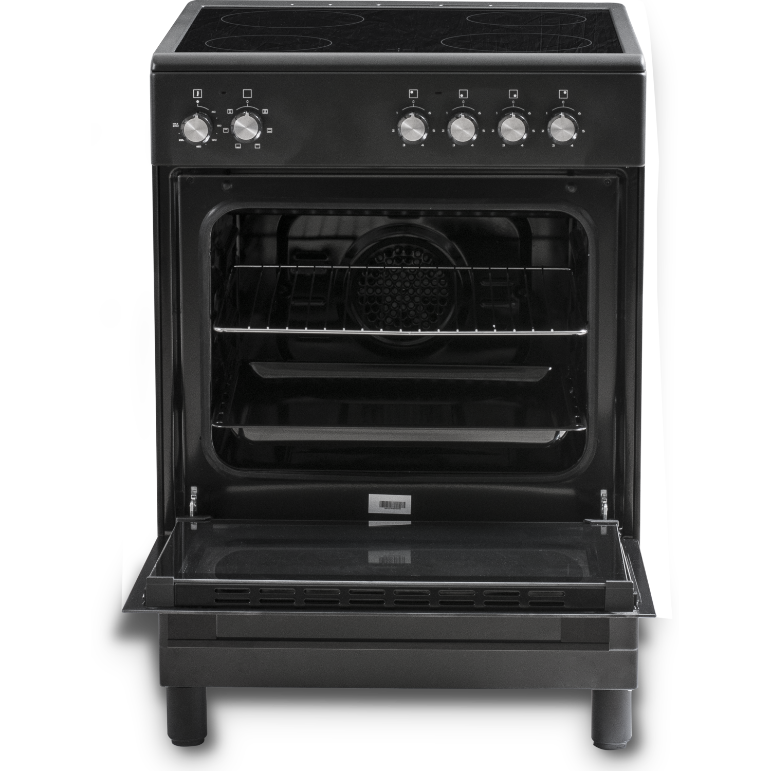 Zwarte oven met de deur open, de binnenkant met planken en bedieningselementen bovenop.