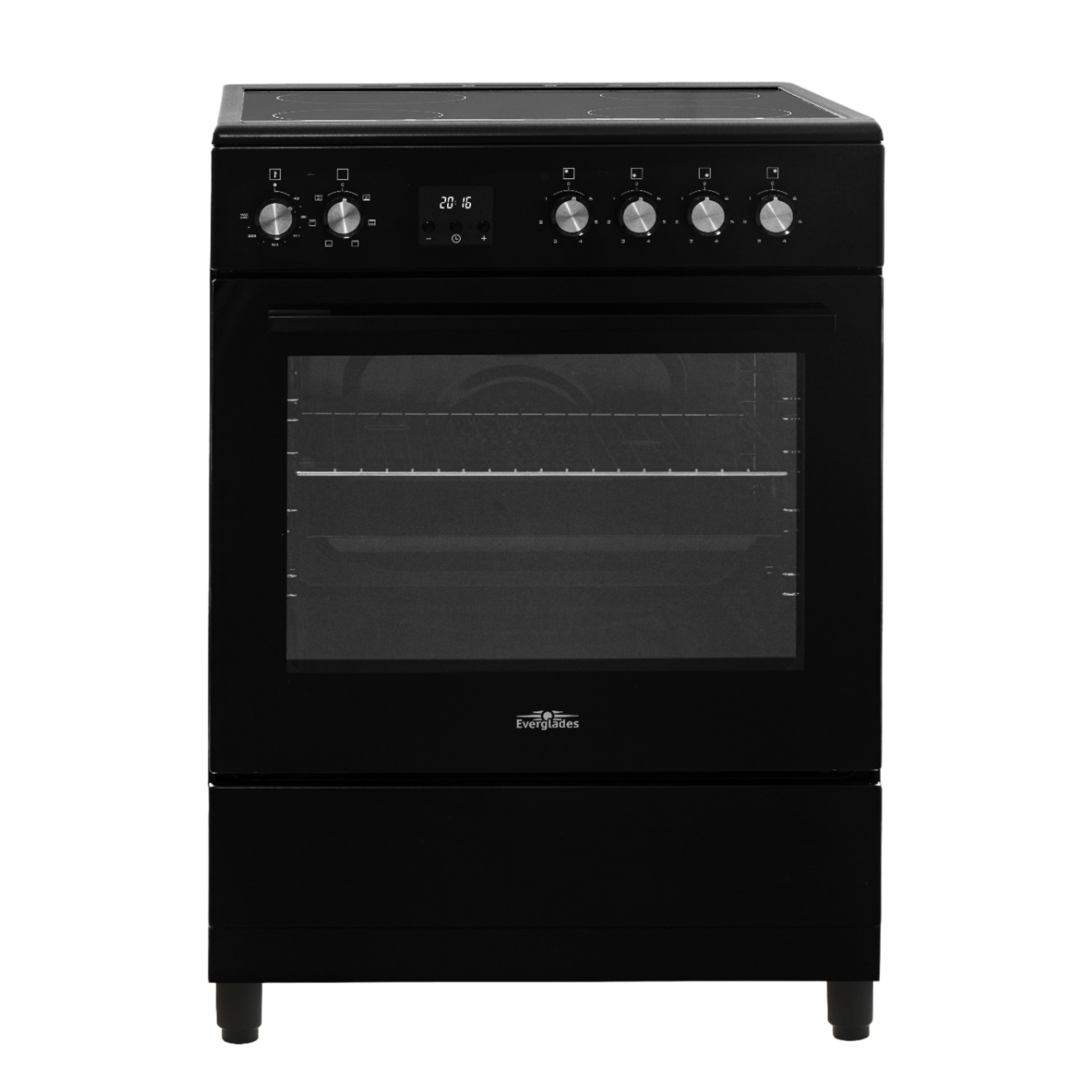 Zwart elektrisch fornuis met vier branders en oven. Knoppen en digitaal display zichtbaar.