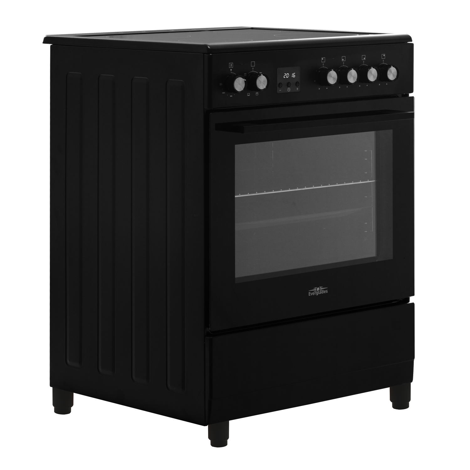 Zwarte oven met glazen deur en digitaal klokdisplay.