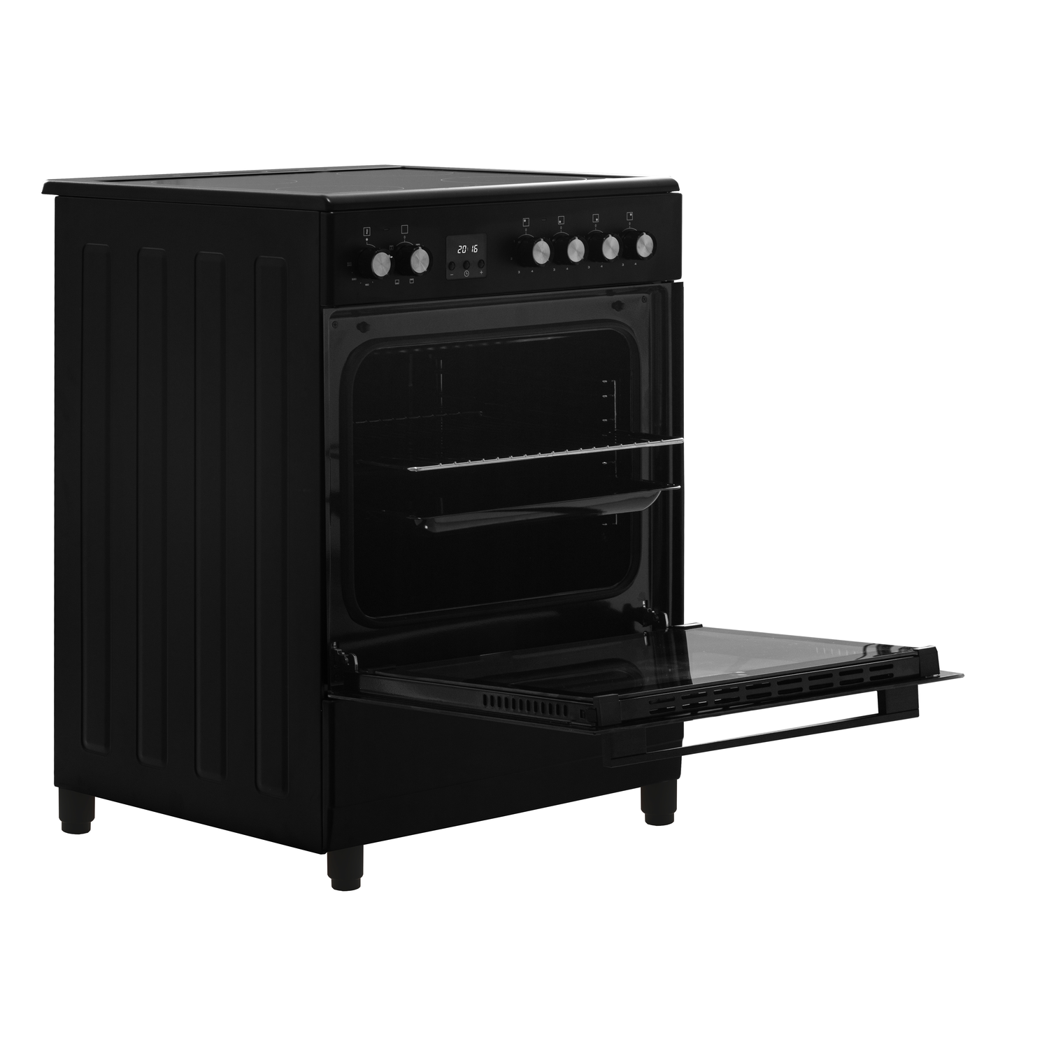 Zwarte oven met de deur open, met zicht op de binnenste planken en bedieningselementen.