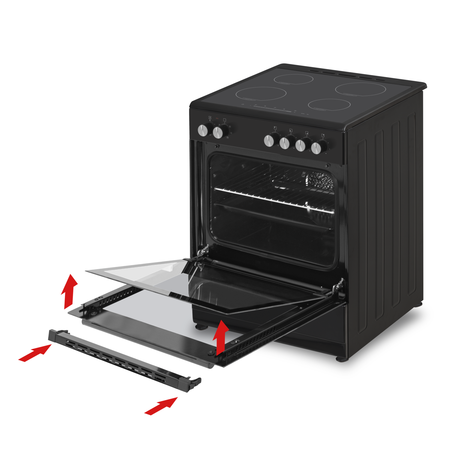 Zwarte oven met open deur en rode pijlen die onderdelen aangeven.