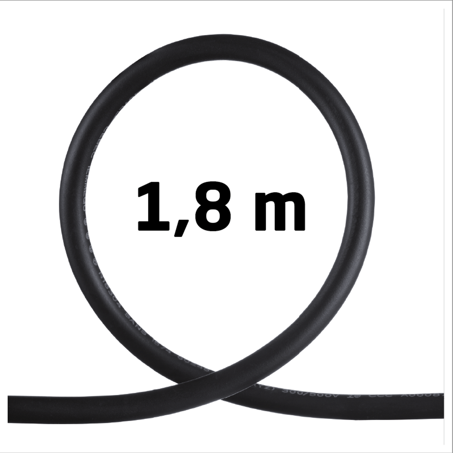 Un cable negro, enrollado en un círculo, con el texto '1,8 m' en el centro.