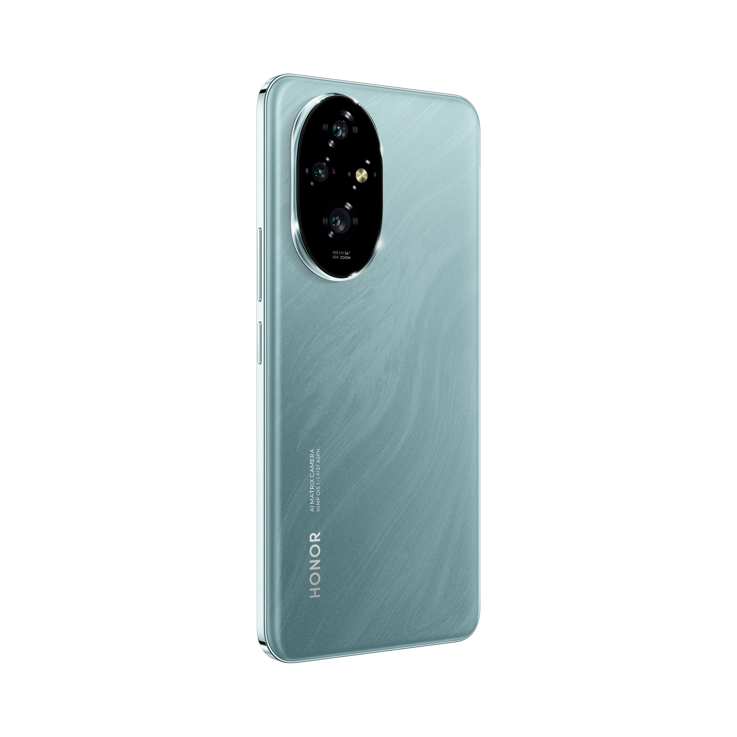 Un teléfono azul claro con una cámara de múltiples lentes en la parte trasera.
