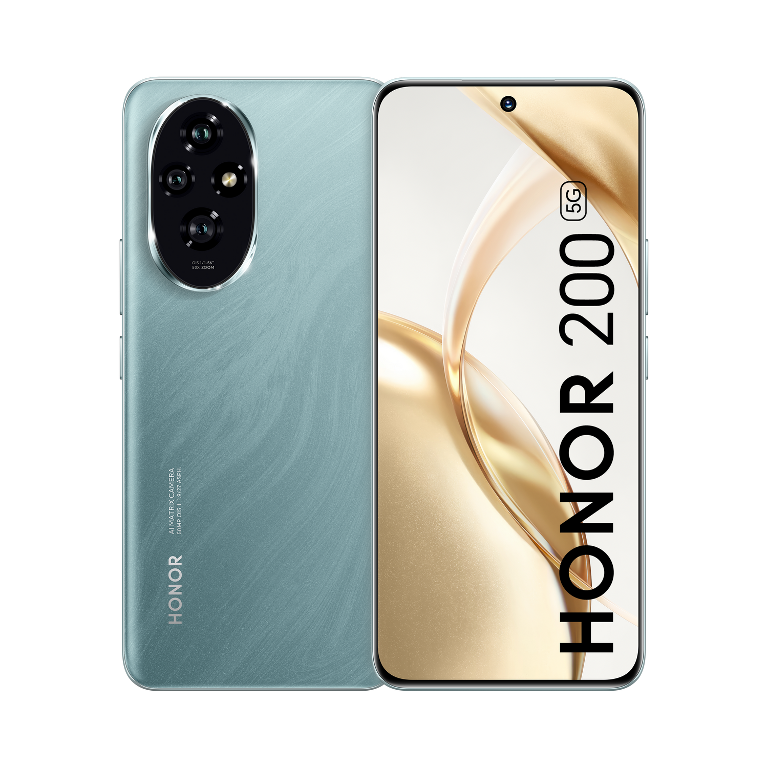 Dos teléfonos, parte trasera verde azulado, frontal negro, Honor 200 en pantalla. Cámaras en la parte trasera.