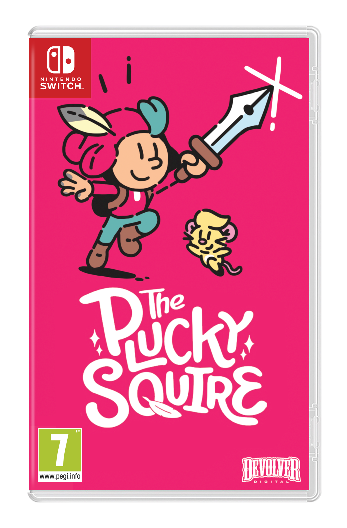 Arte de la caja del juego The Plucky Squire, con un personaje con una espada y un ratón.