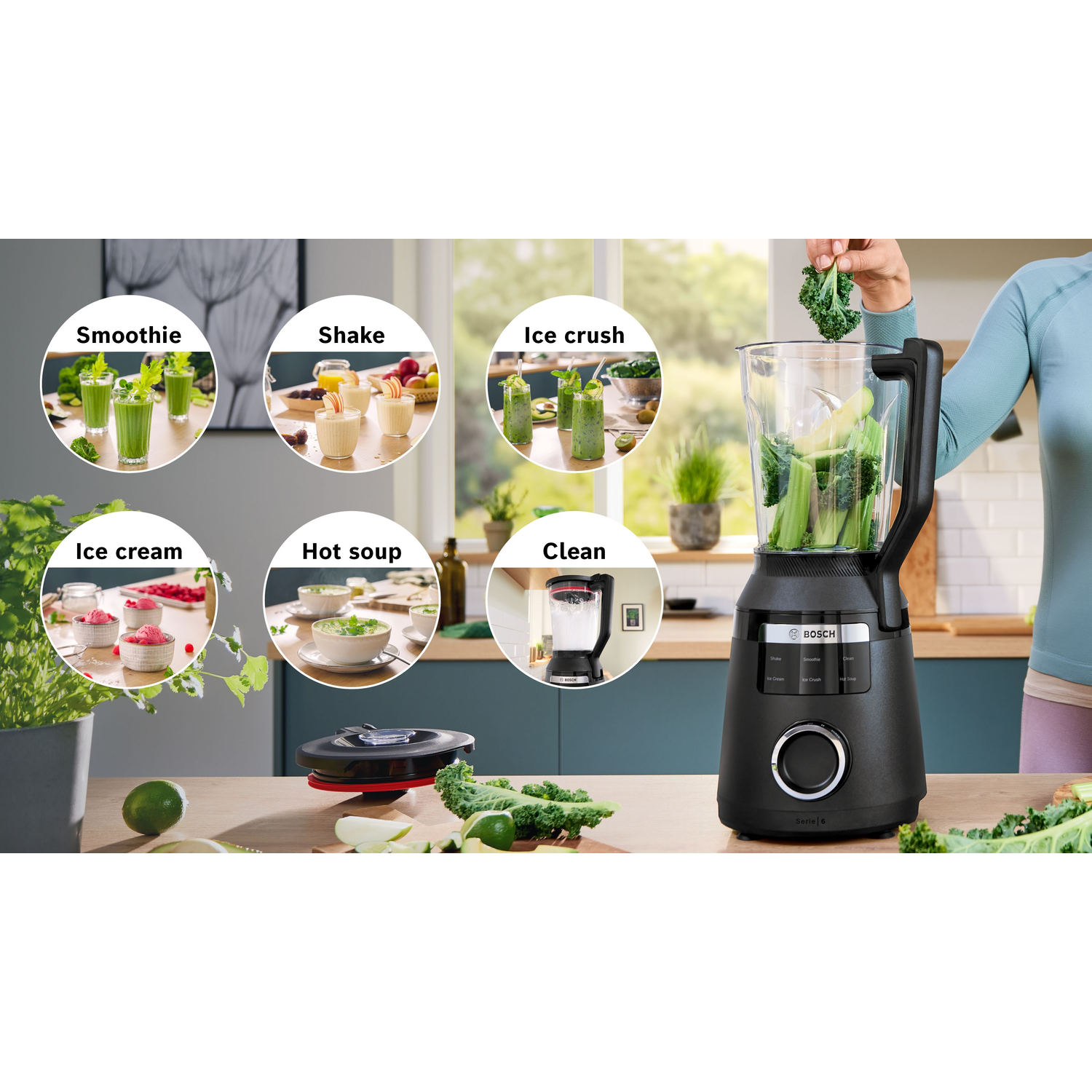 A blender is shown with images of smoothies, shakes, ice cream, hot soup, and clean.