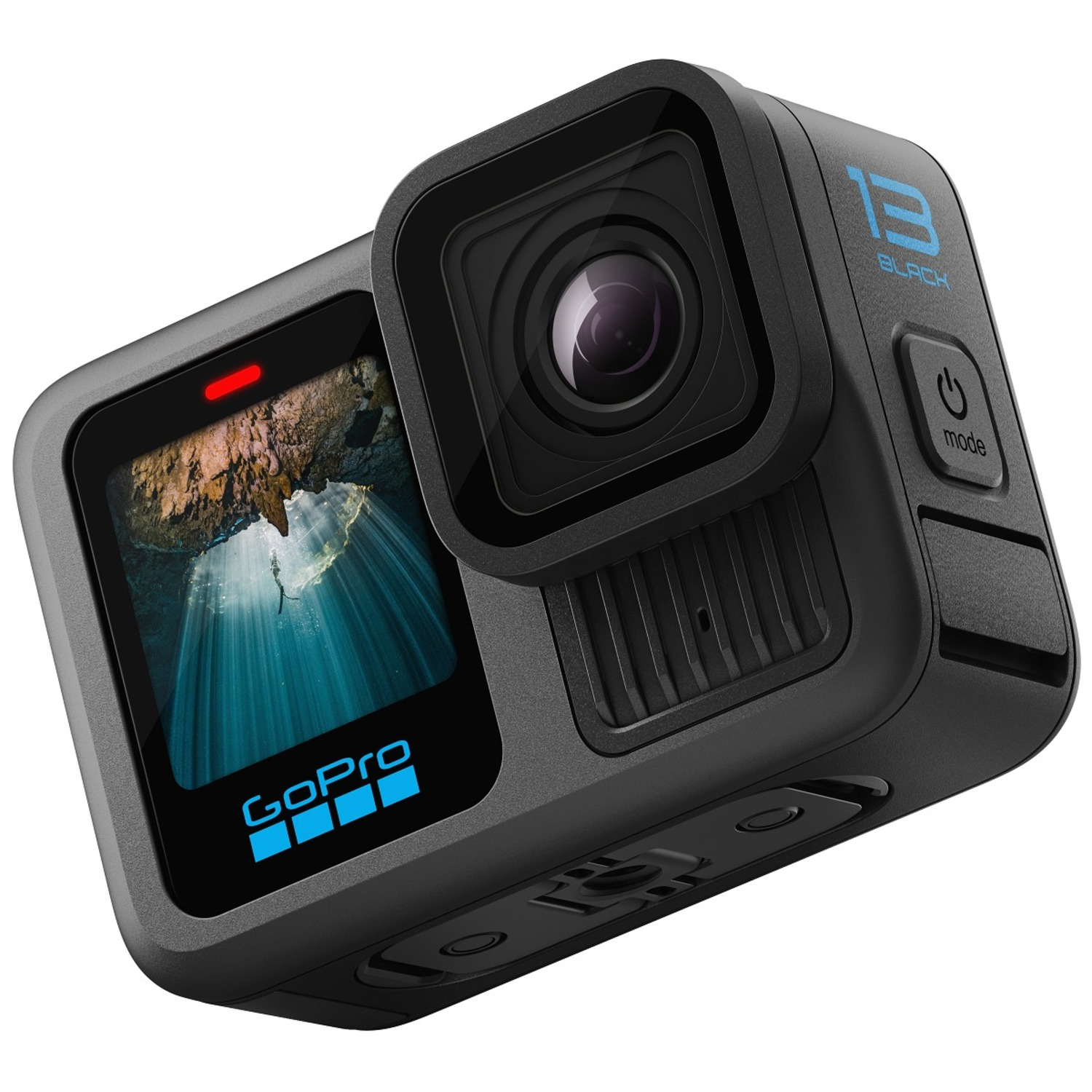 GoPro HERO13 Black action camera. Black body, lens, and mode button. Red record light.