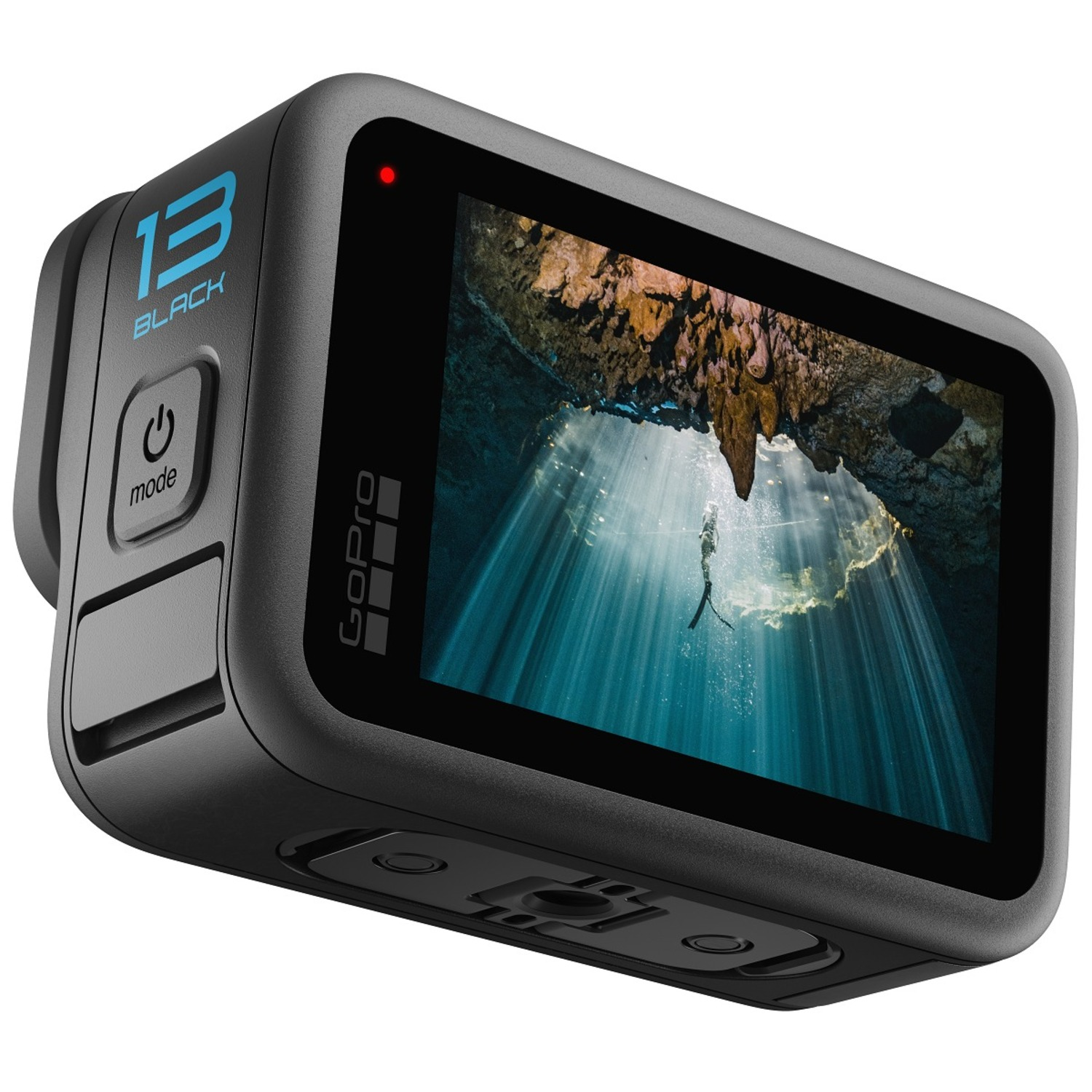 Black GoPro action camera with the screen showing a diver in water.