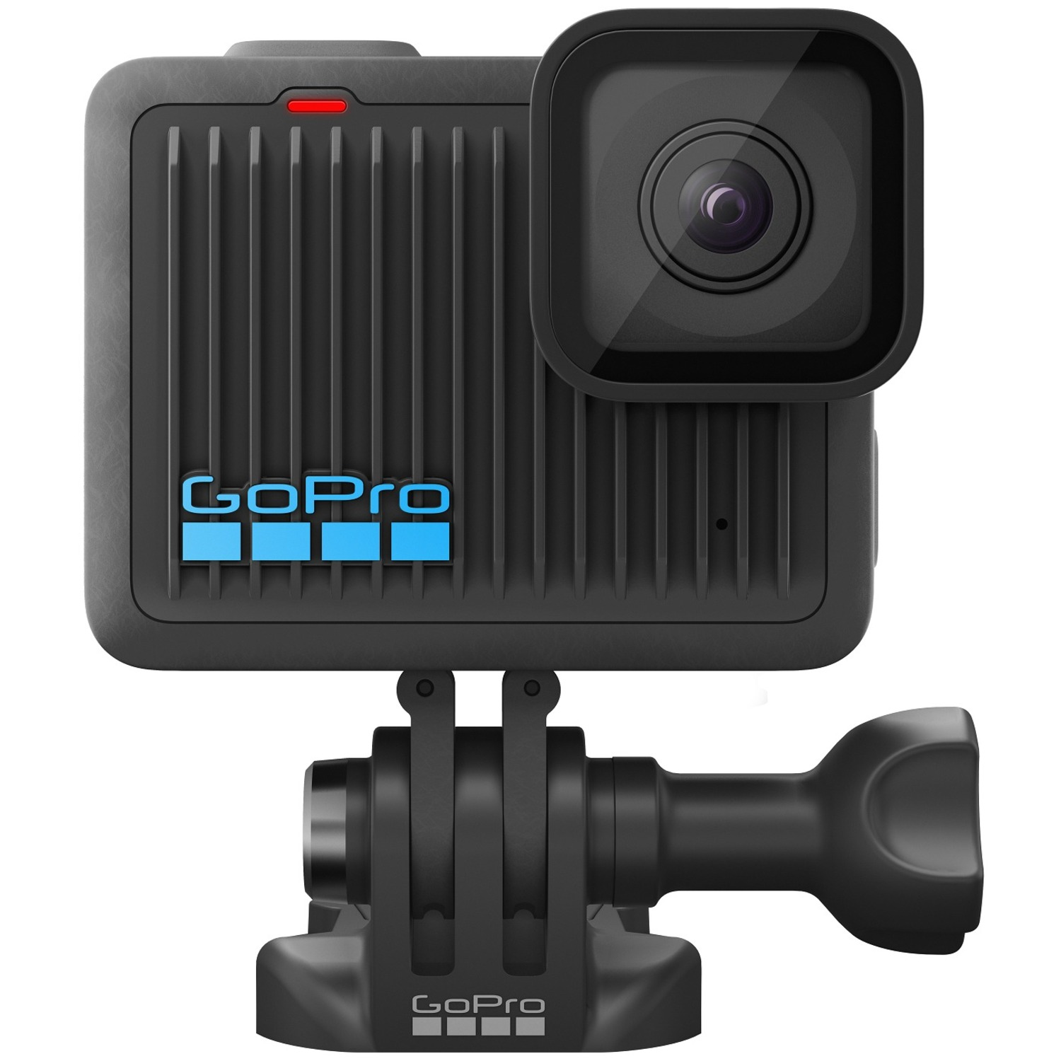 Een zwarte GoPro-camera met een lens aan de voorkant.