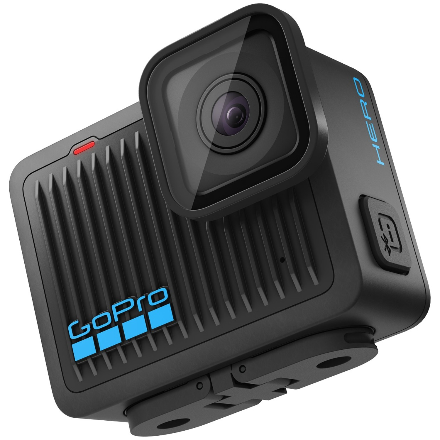 Zwarte GoPro Hero camera met blauwe tekst, op een witte achtergrond.